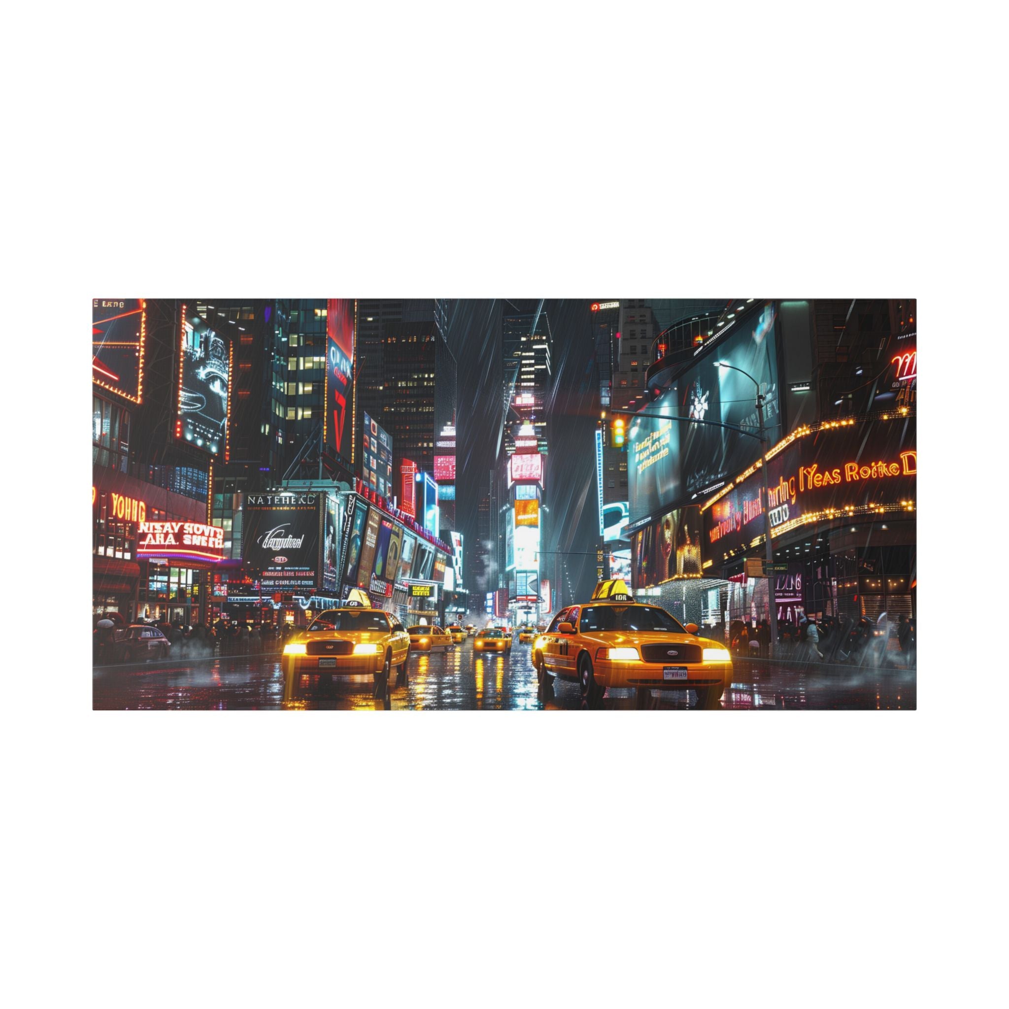 New York Night Street Canvas Print — Rainy Times Square Taxi Wall Art