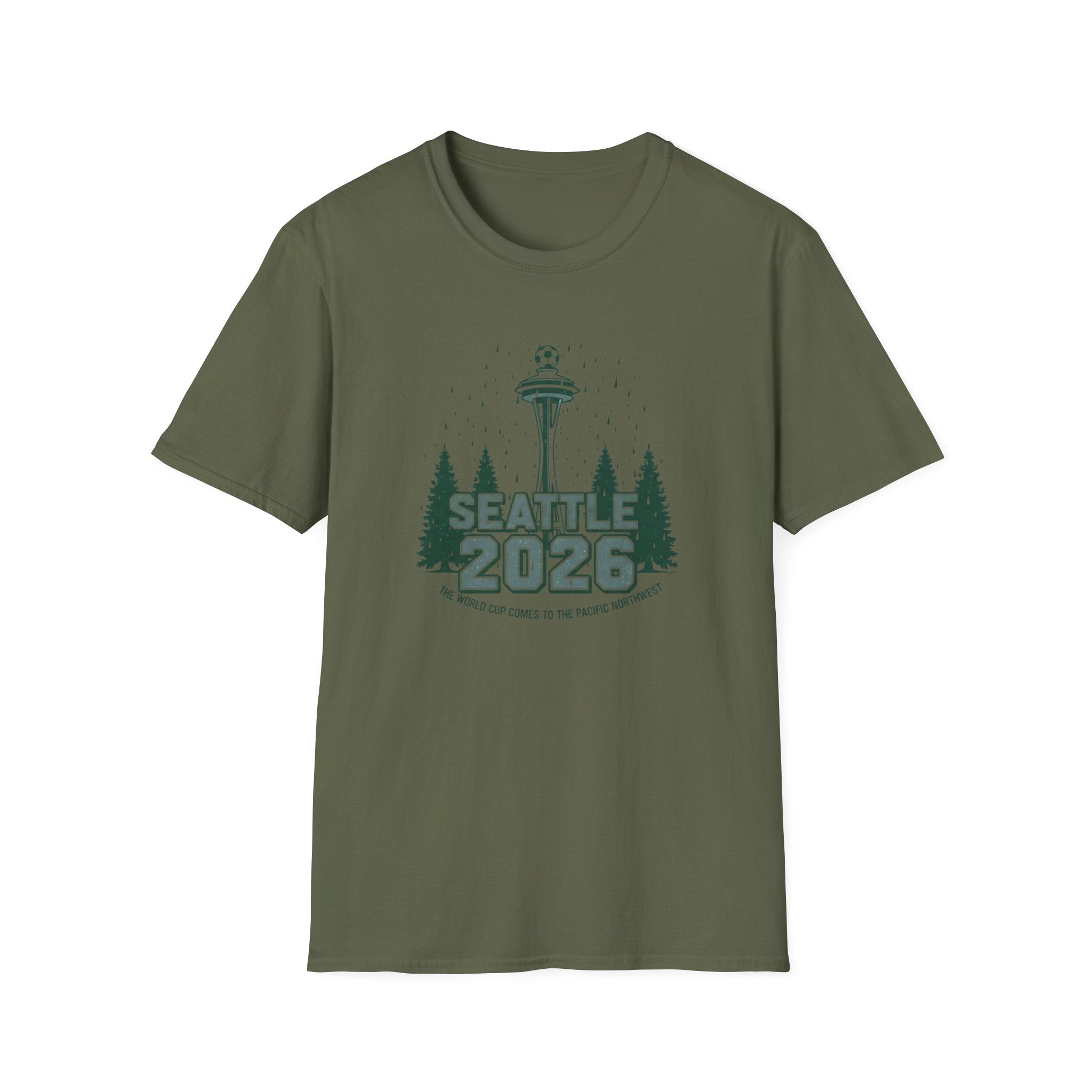 Seattle 2026 Souvenir T-Shirt — Space Needle & Pine Trees Travel Tee