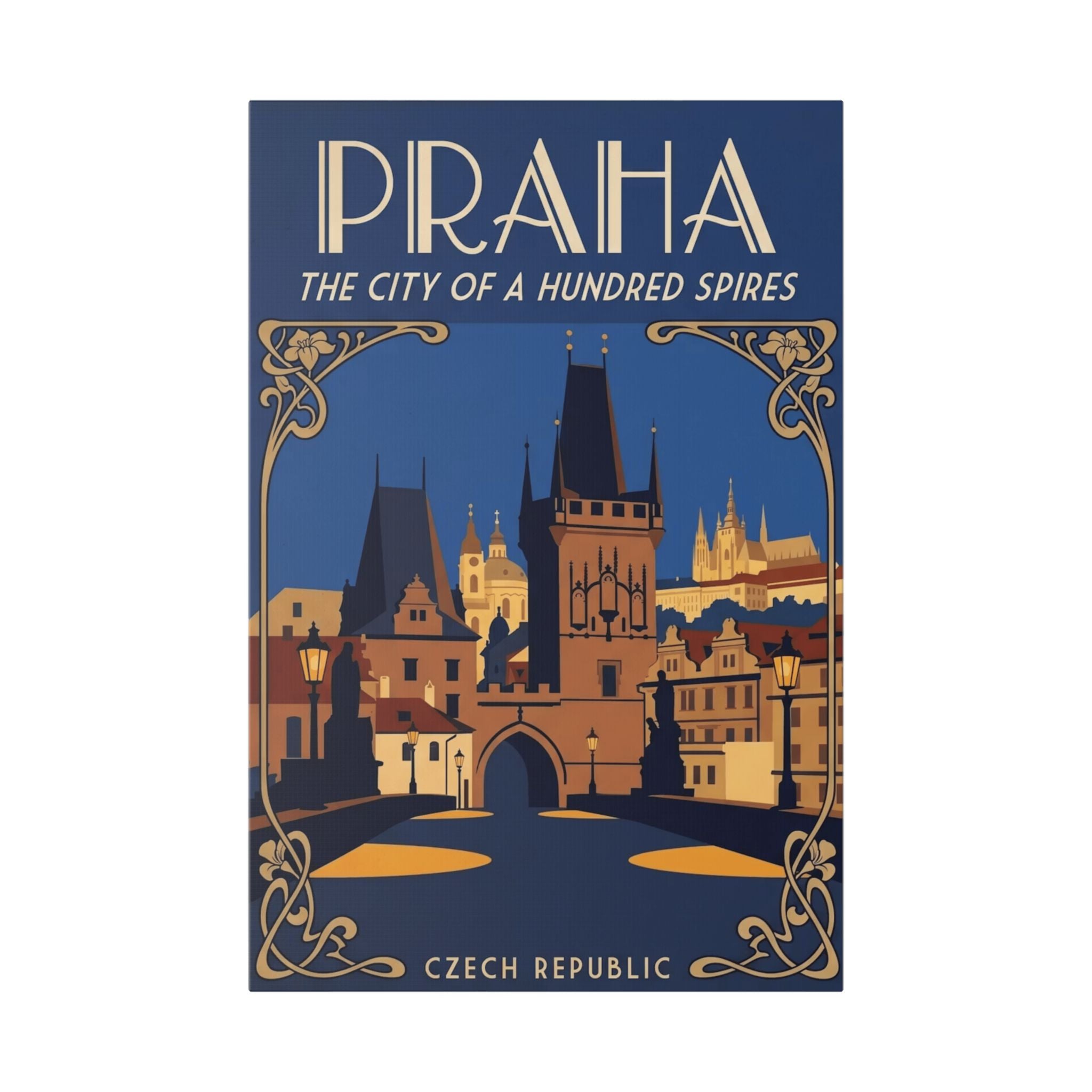 Praha Vintage Travel Canvas — "The City of a Hundred Spires" Stretched Wall Art