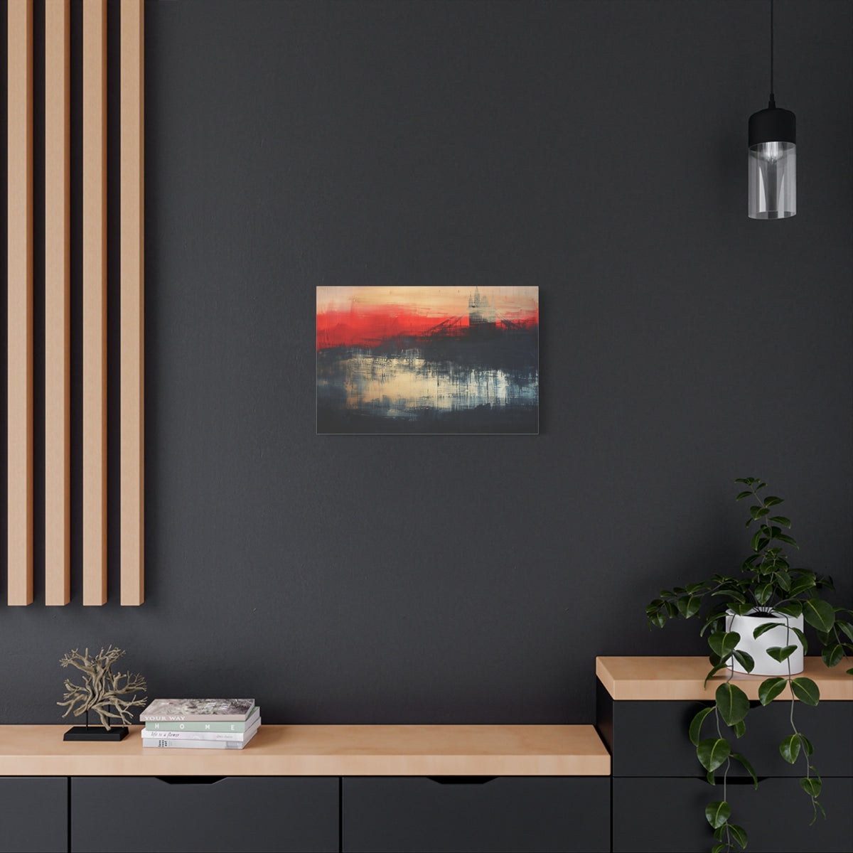 Abstract London Bridge Canvas Wall Art – Red & Navy Stretched Painting