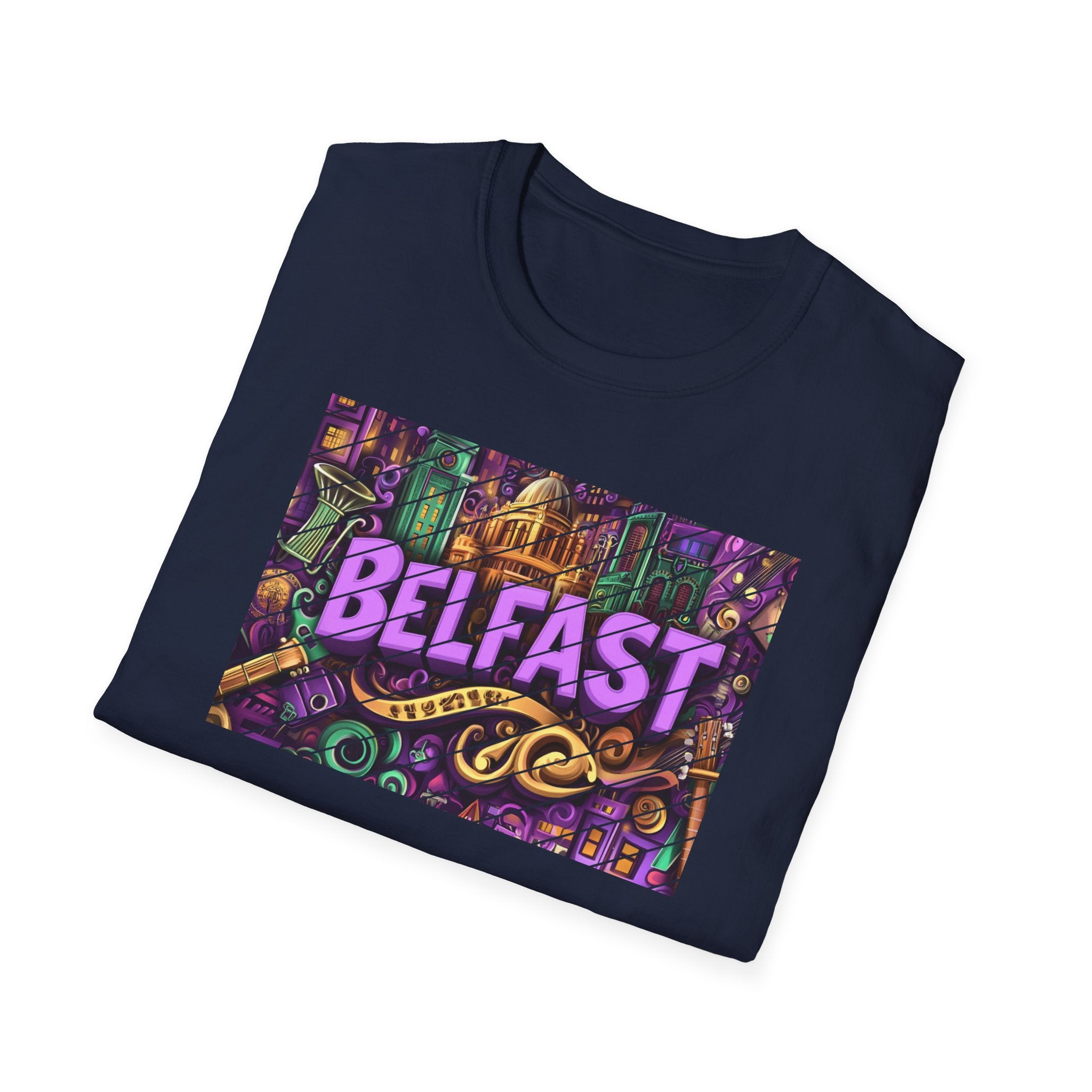 Belfast Neon Script T-Shirt | Retro Rainbow Stripes