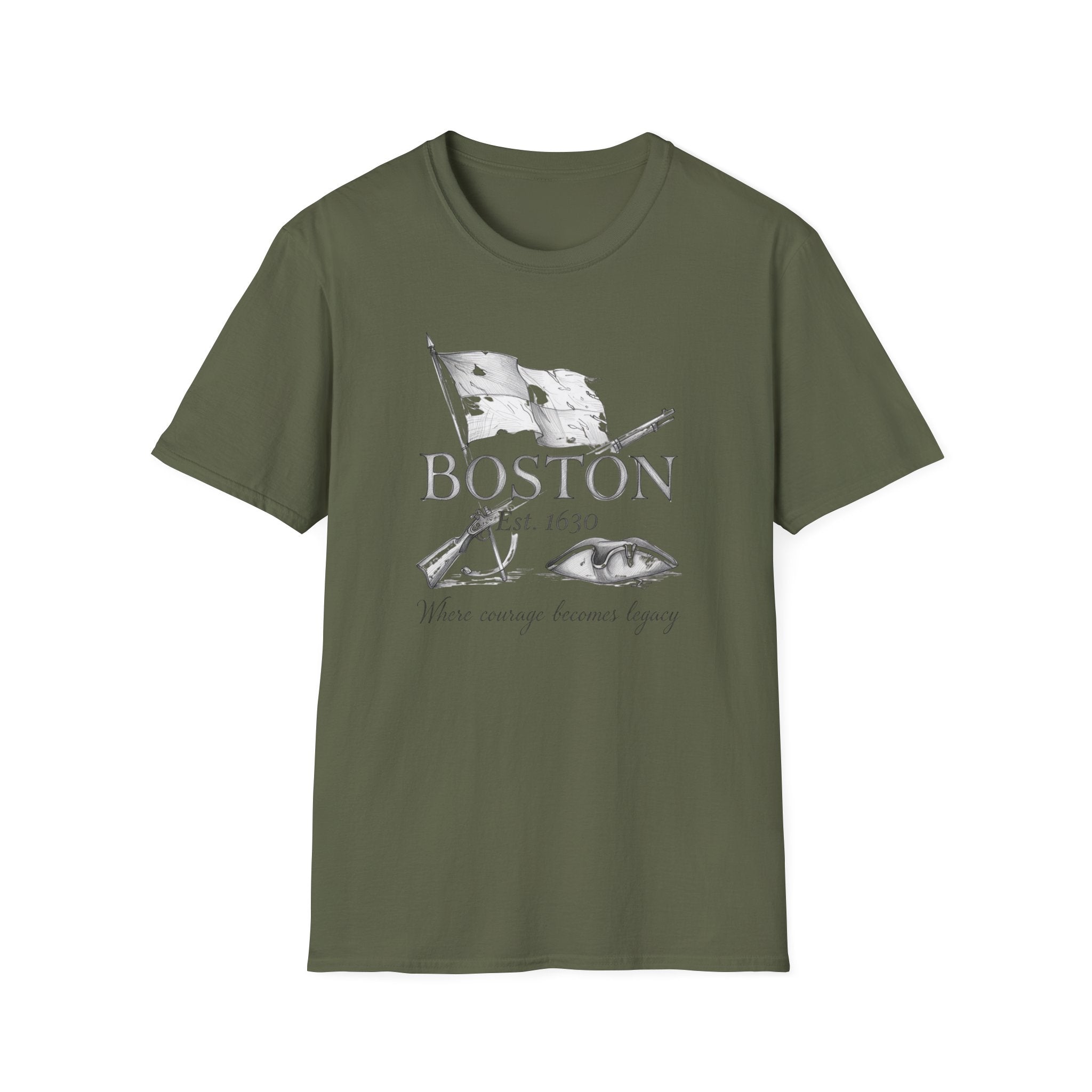 Boston 1630 Heritage T-Shirt — Colonial Flag & Tricorn Design