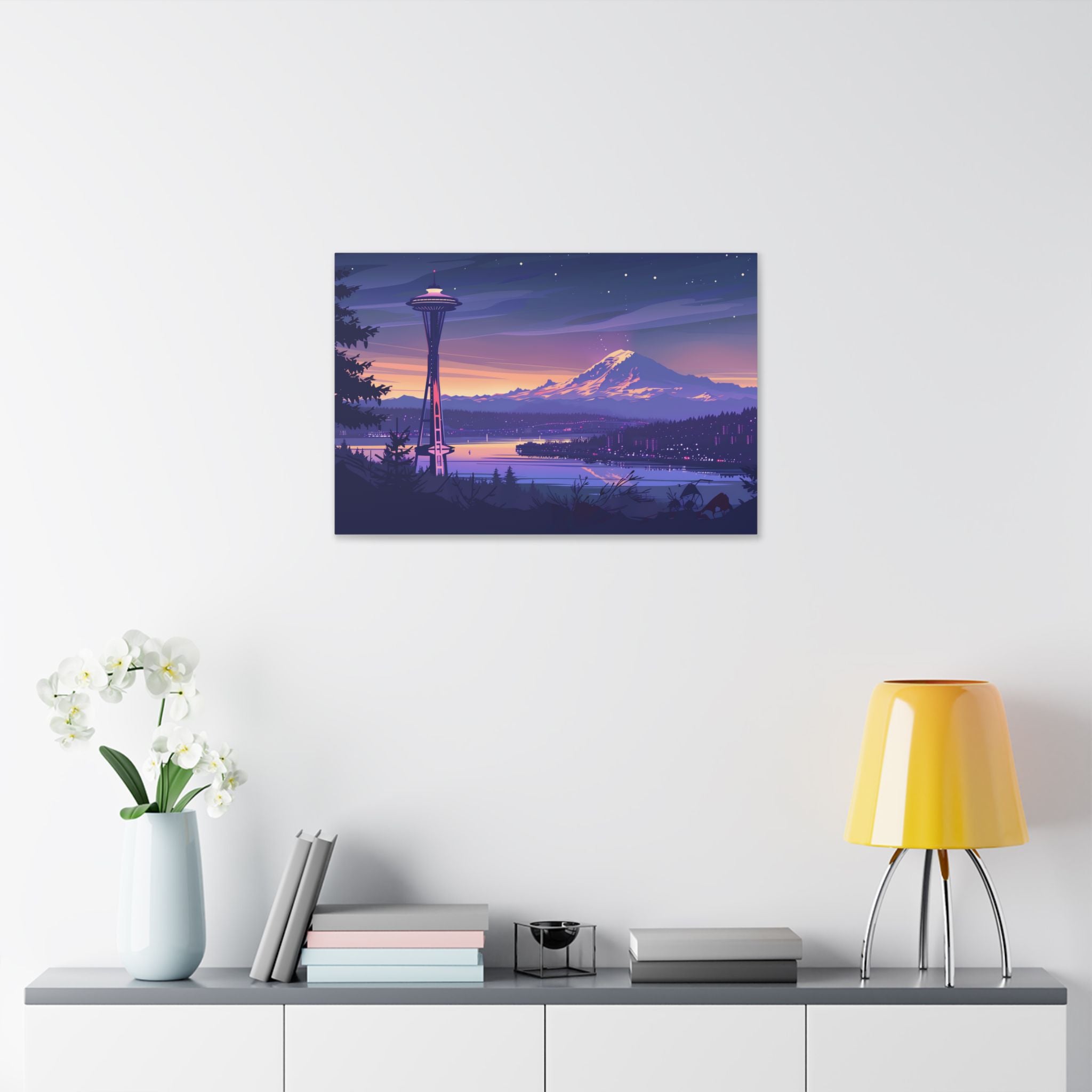 Seattle Sunset Canvas Wall Art — Space Needle & Mount Rainier Landscape Print