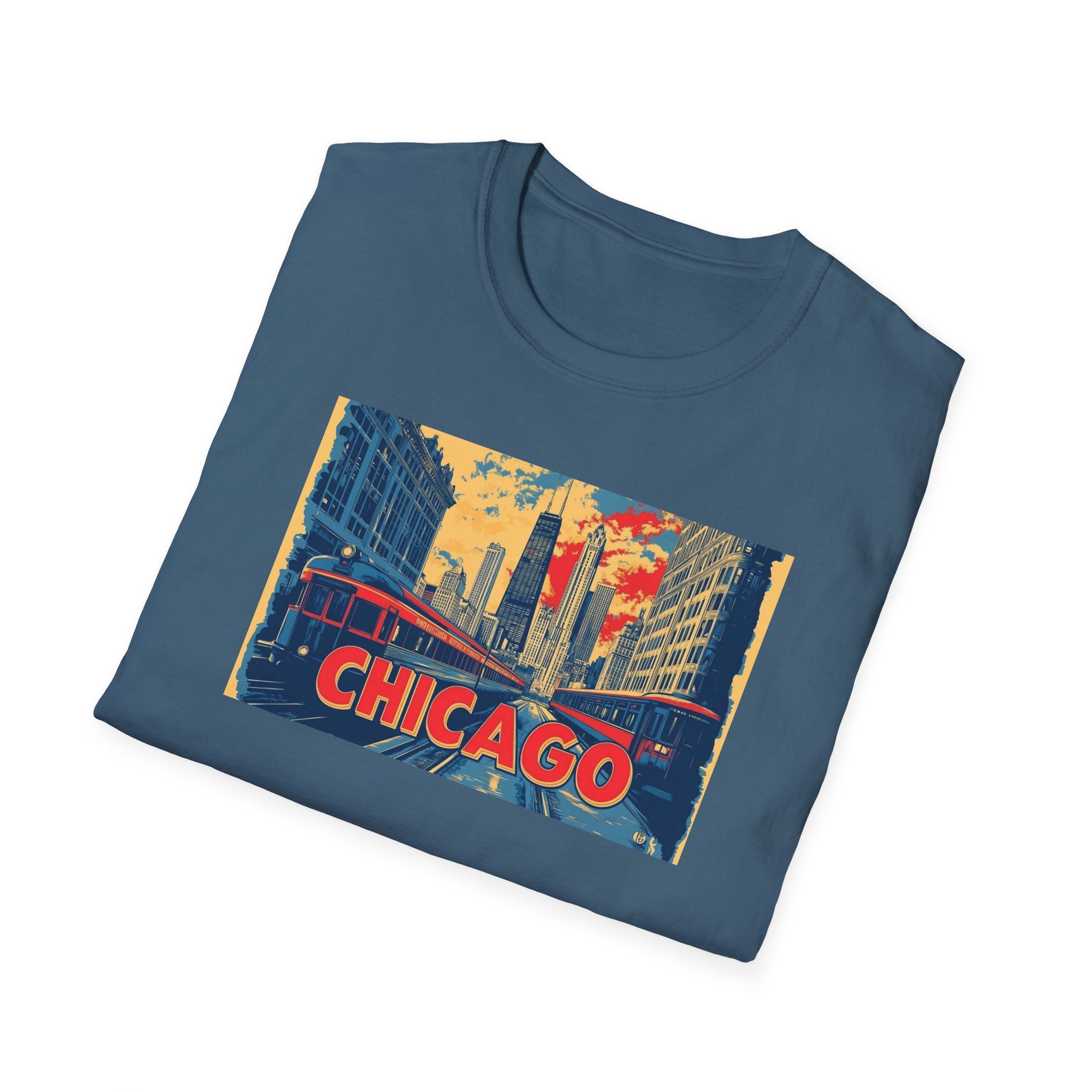 Chicago Cityscape T-Shirt | Vintage Skyline, El Train Poster Style
