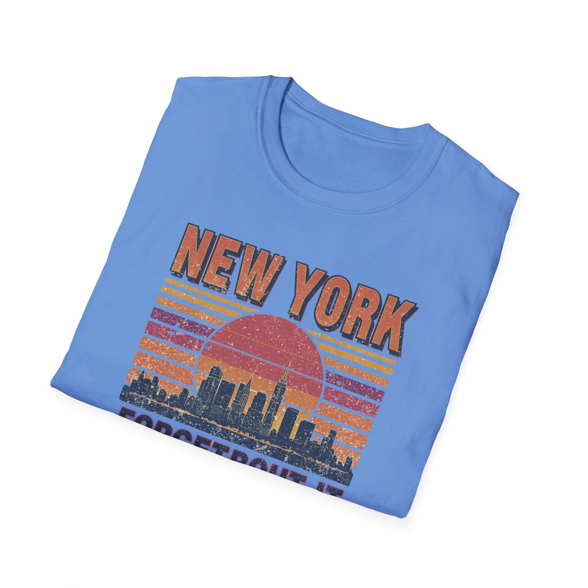 New York Skyline T‑Shirt – “Forgetbout It” Vintage Sunset Tee