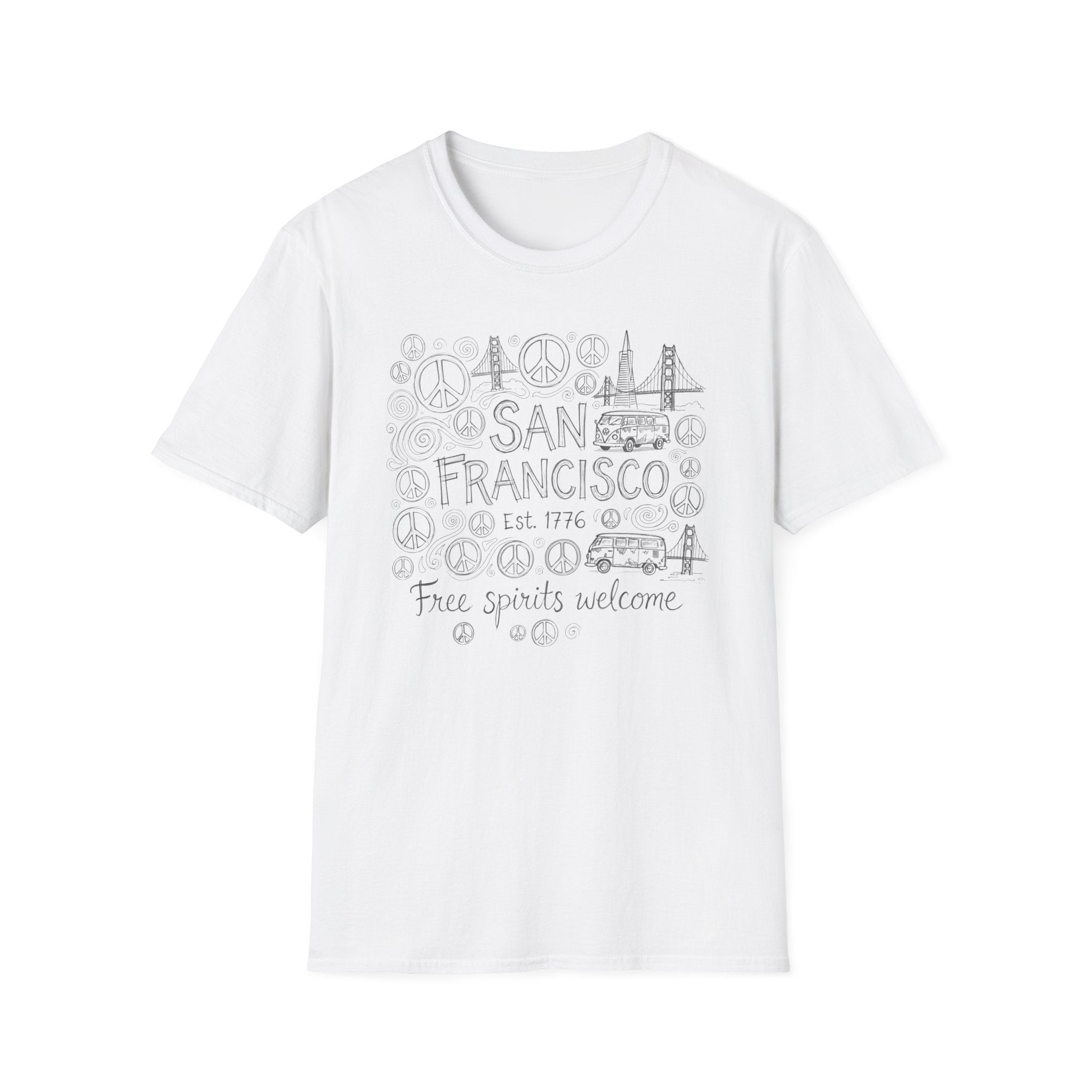 San Francisco Doodle T-Shirt – 'Free Spirits Welcome' Vintage City Sketch Tee