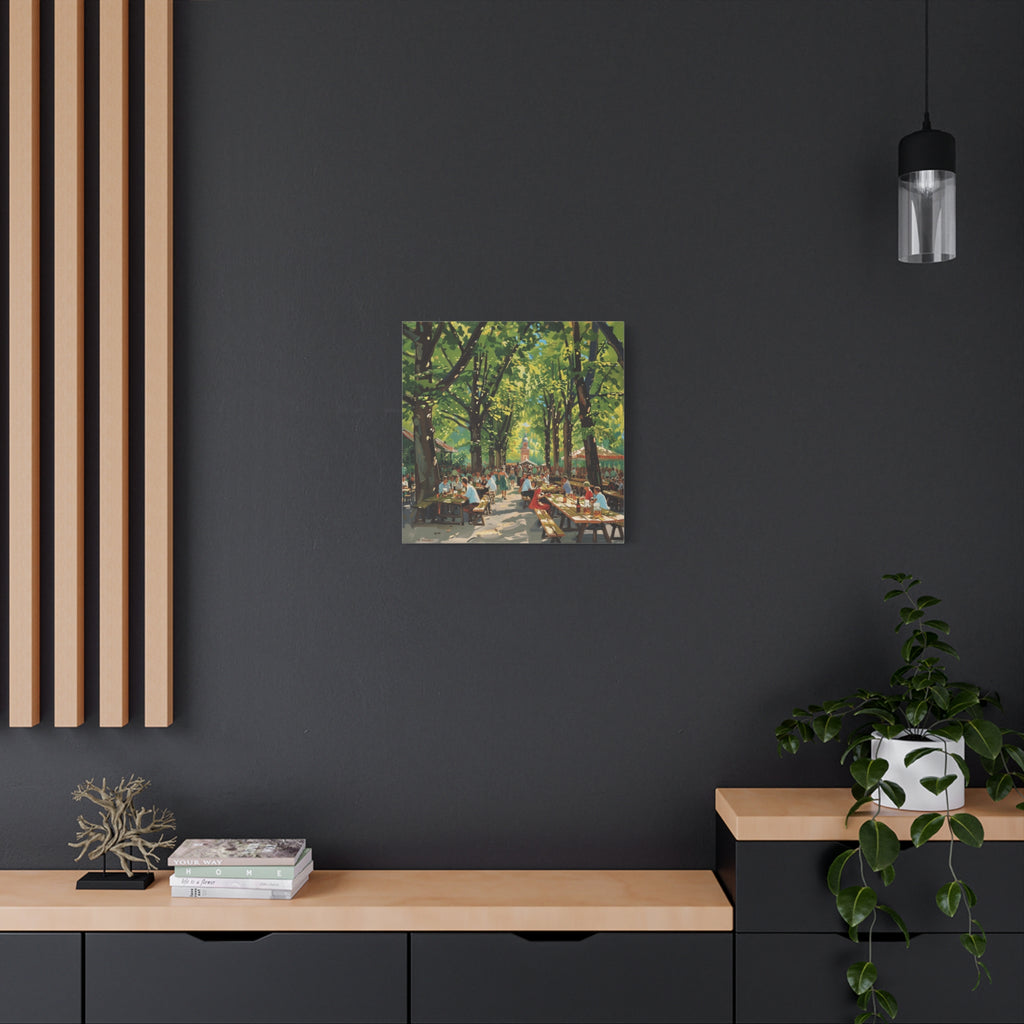 Biergarten Canvas Wall Art — Sunny Tree-Lined Outdoor Market Scene
