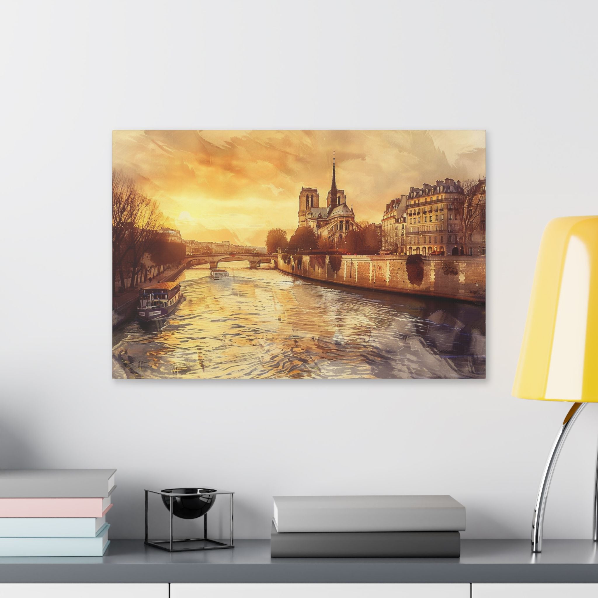Paris Seine River Canvas Wall Art — Notre Dame Sunset Stretched Canvas
