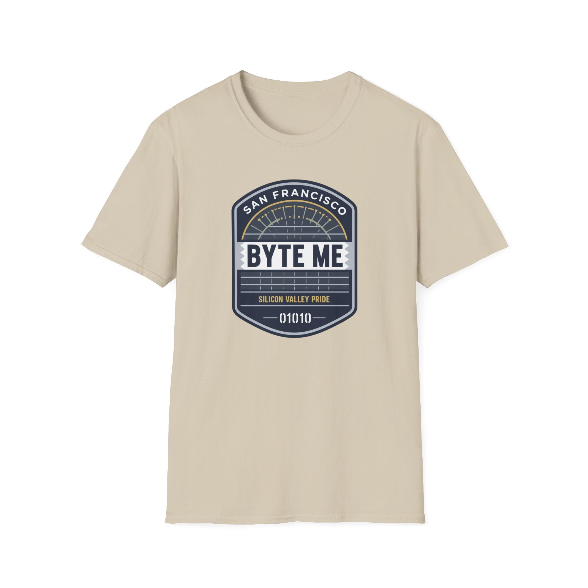 Byte Me San Francisco T-Shirt — Retro Tech Badge Tee (01010)
