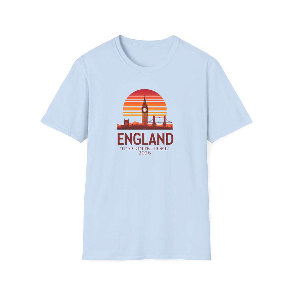 England Skyline World Cup 2026 T‑Shirt — "England It's Coming Home" Retro Sunset Tee