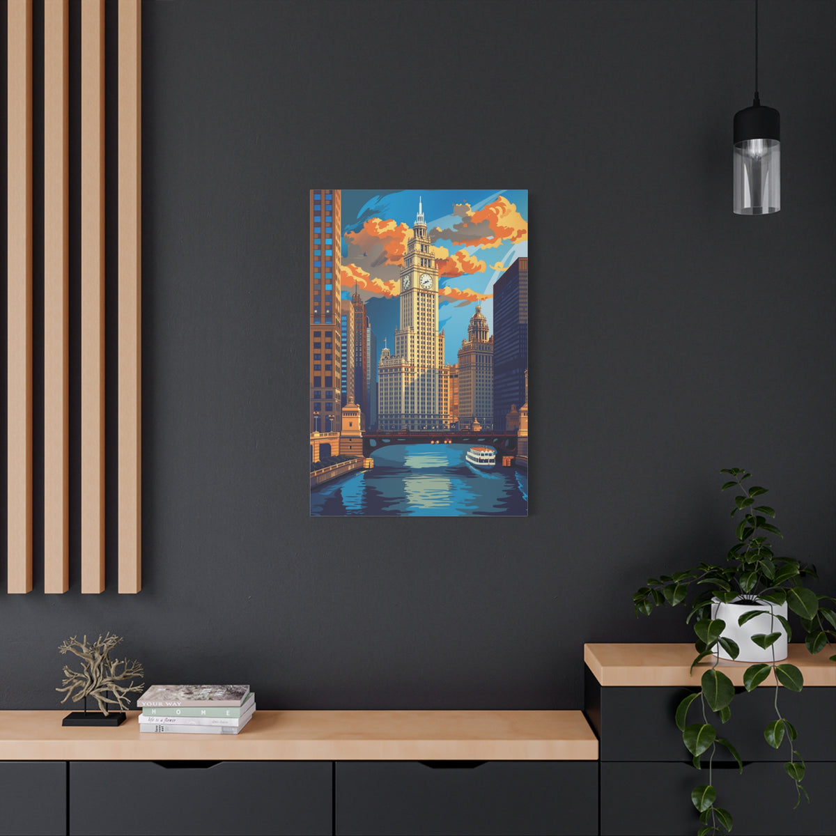 Chicago River Skyline Stretched Canvas — Vintage Cityscape Wall Art