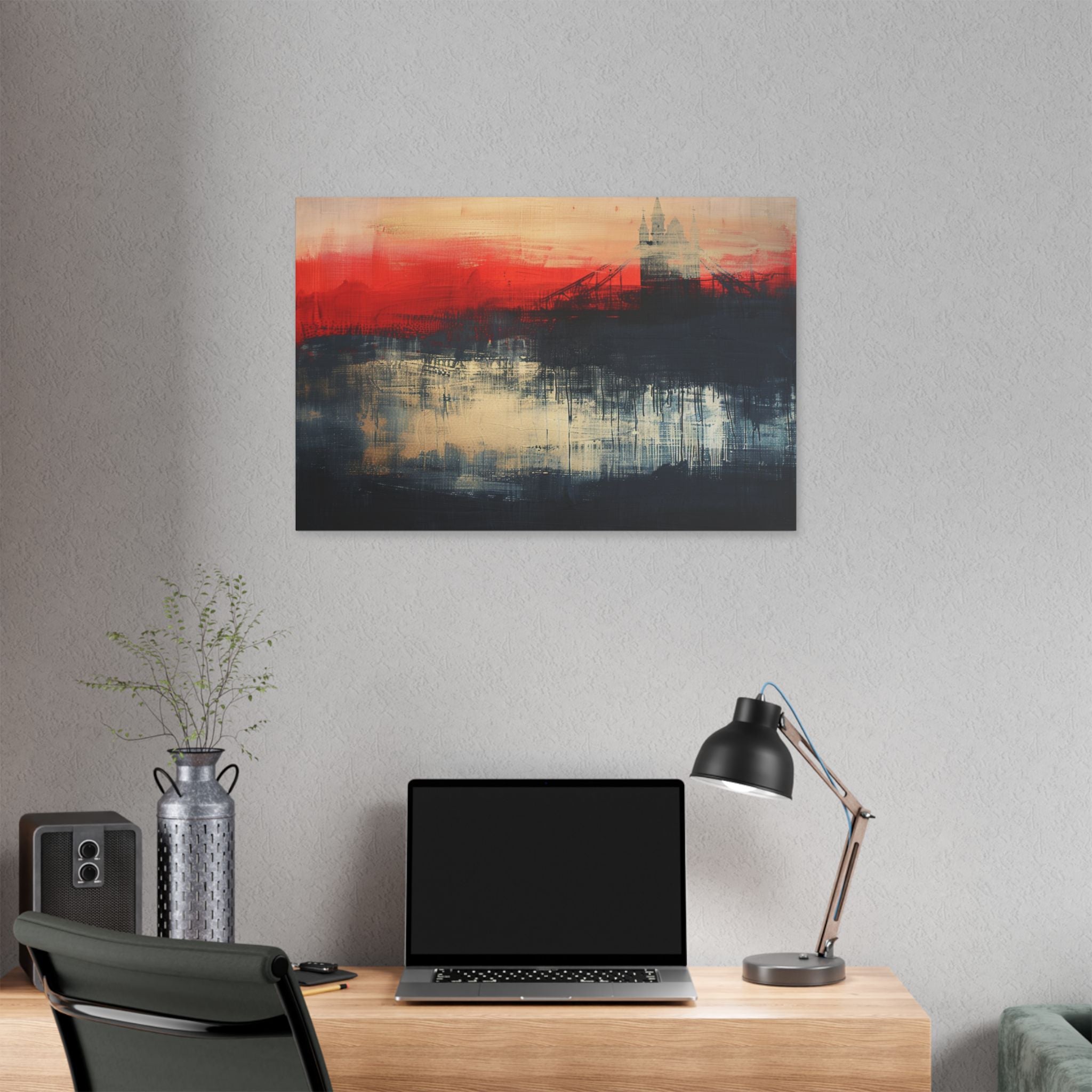 Abstract London Bridge Canvas Wall Art – Red & Navy Stretched Painting