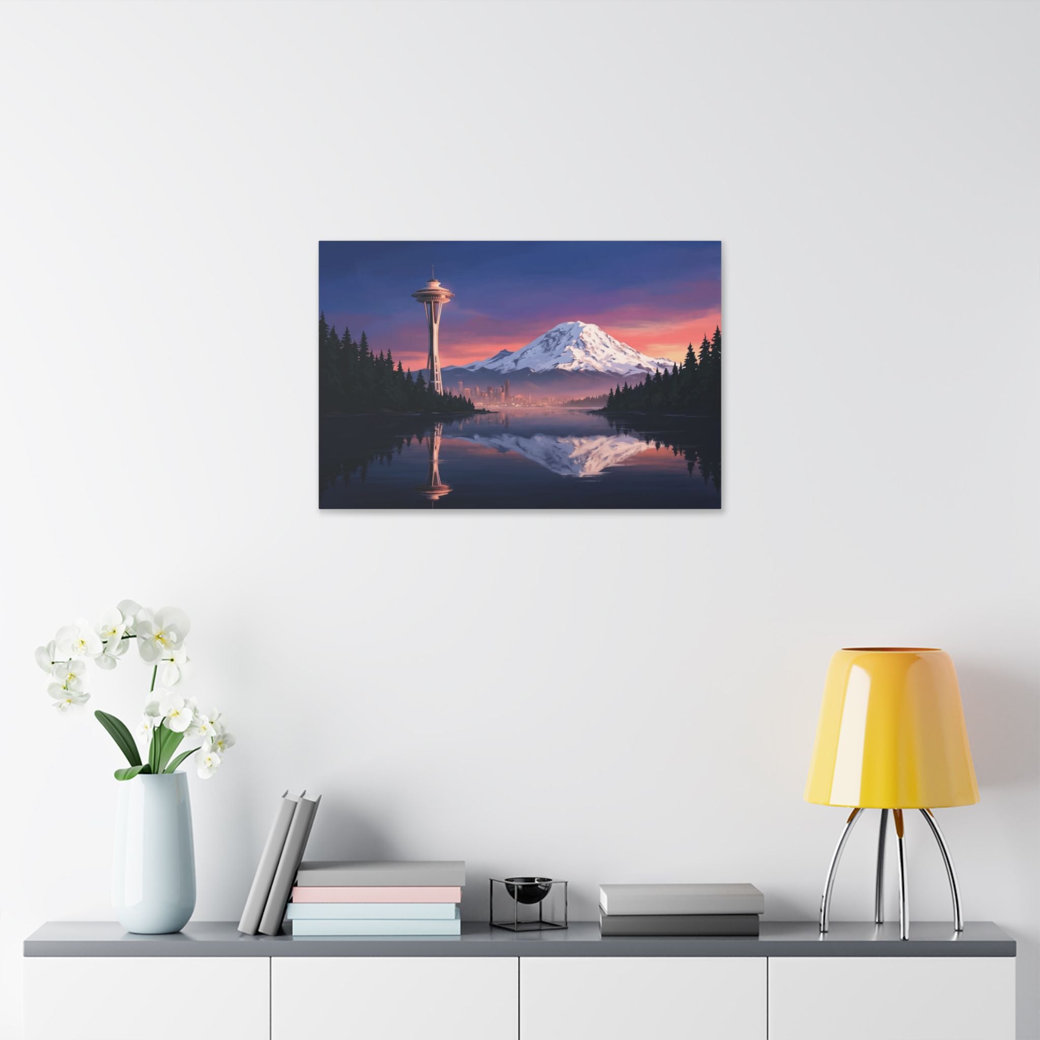 Seattle Sunset Canvas Print — Mount Rainier & Space Needle Reflection Wall Art