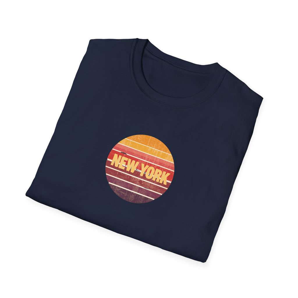 Retro Sunset New York T-Shirt | Vintage Striped City Graphic
