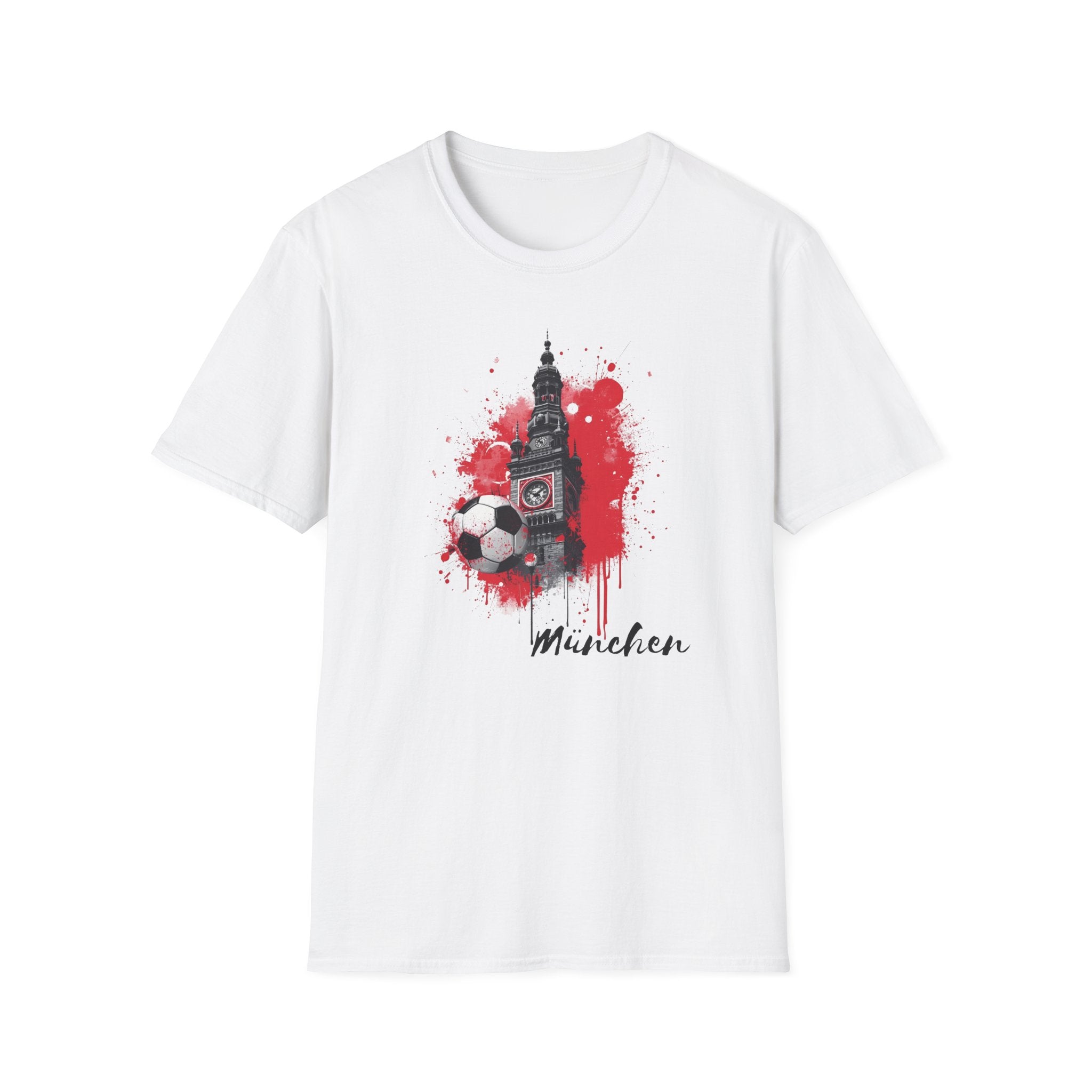 Munich Football Illustration T-Shirt | Soccer Ball, Clock Tower, Red Paint Splatter