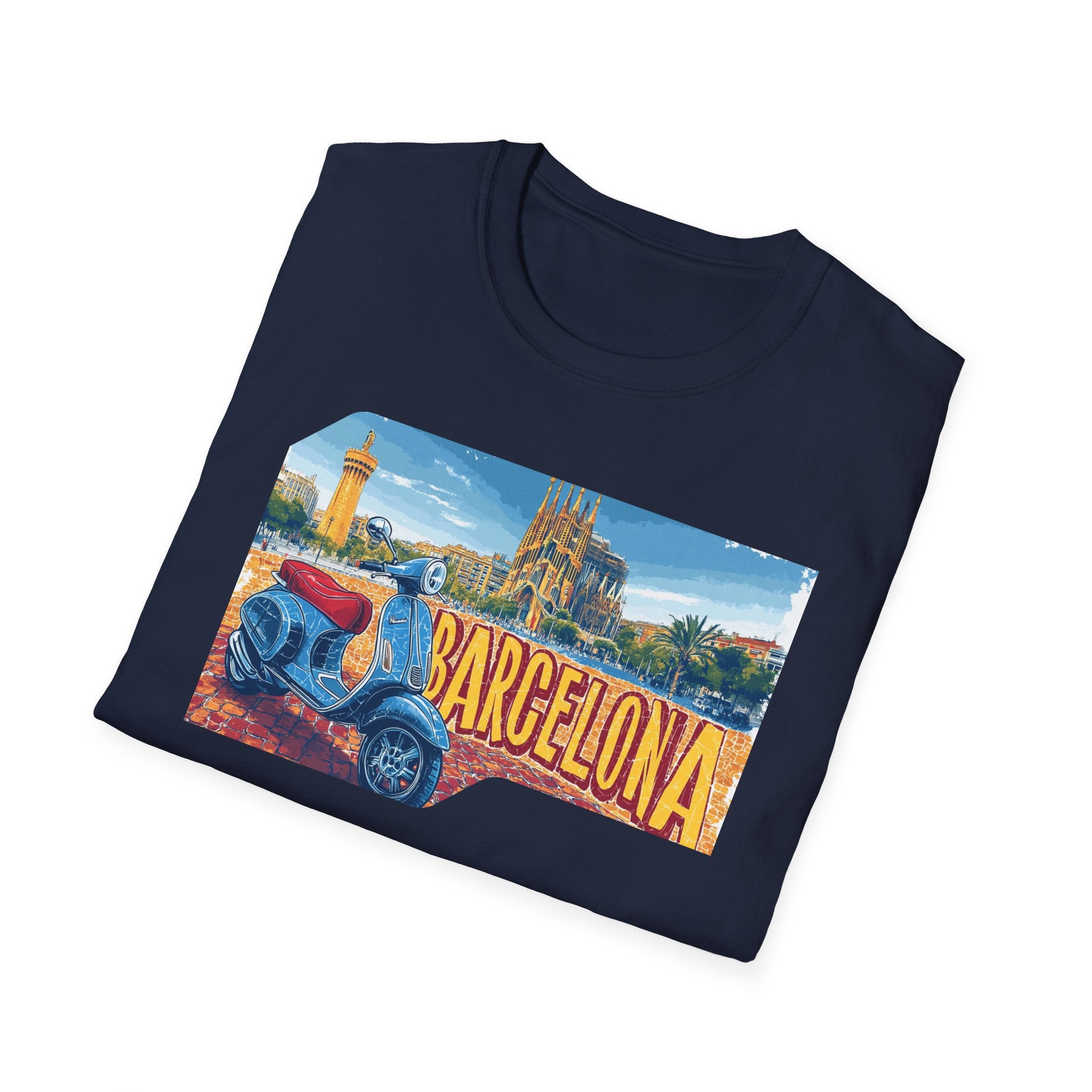 Barcelona Vintage Scooter T-Shirt | City Skyline Travel Souvenir