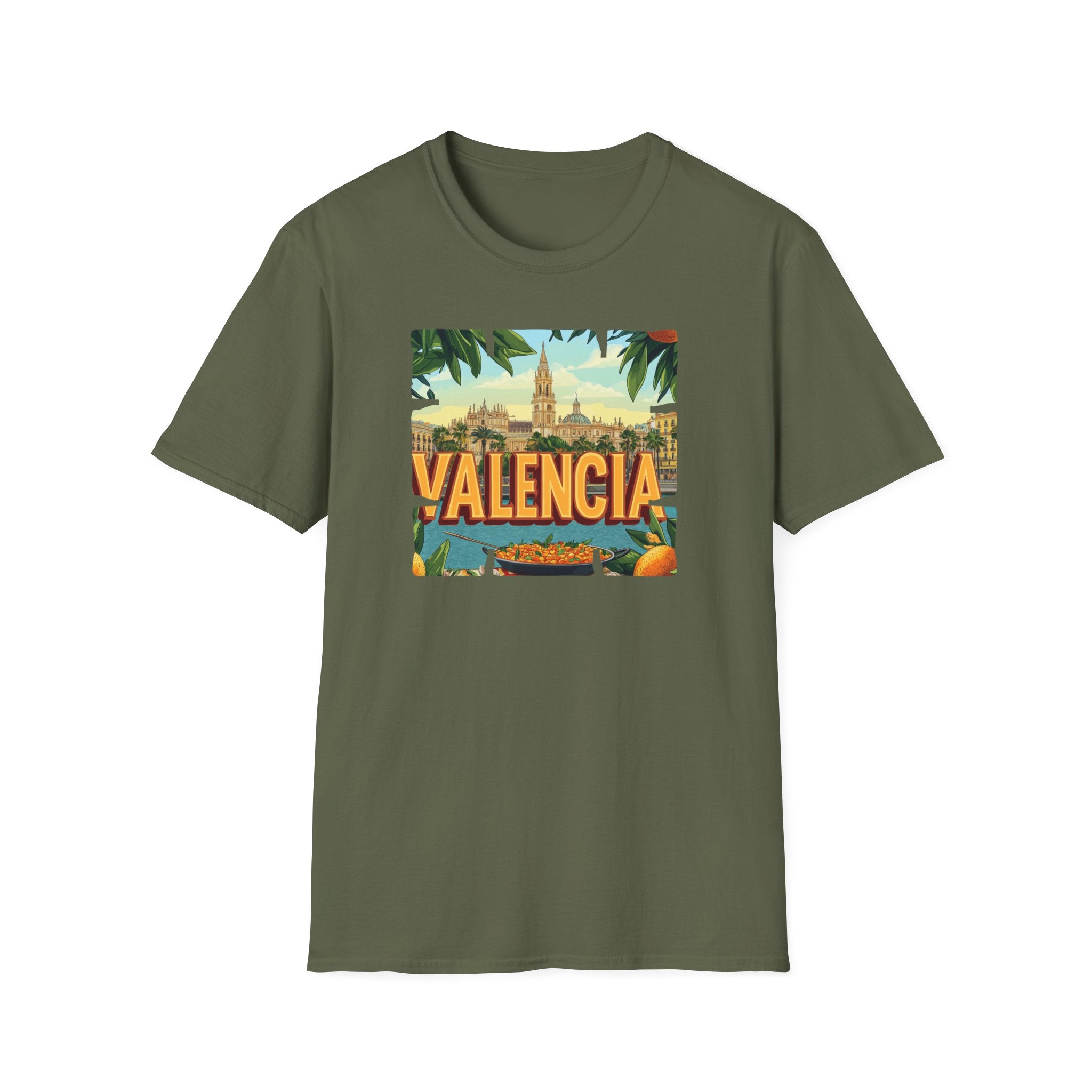 Valencia vintage travel postcard T-Shirt | Spain city skyline, oranges, palm leaves