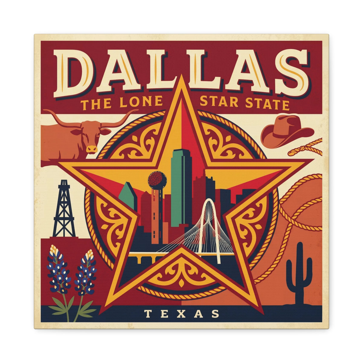 Dallas Lone Star Vintage Canvas Wall Art — Texas Skyline & Western Icons