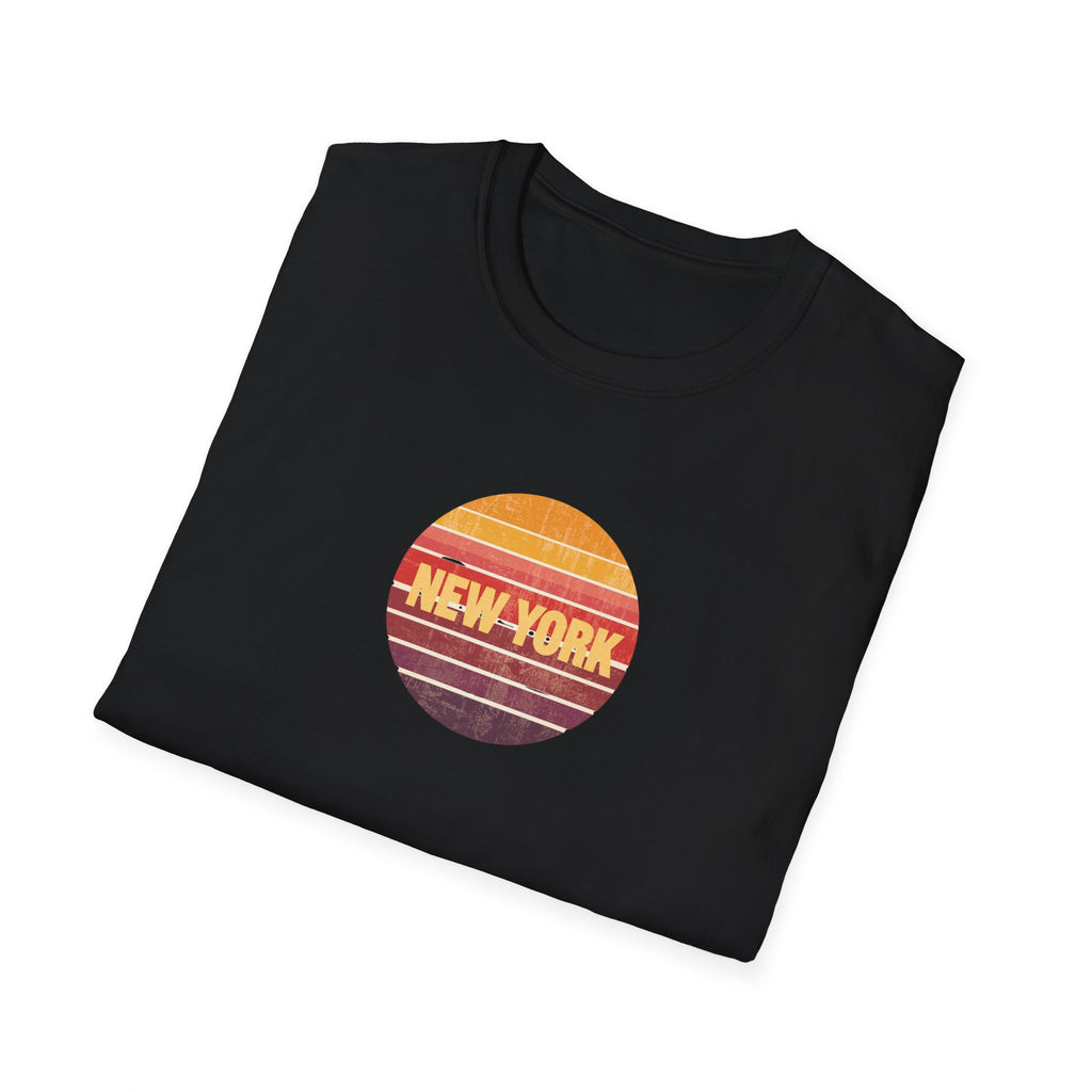 Retro Sunset New York T-Shirt | Vintage Striped City Graphic