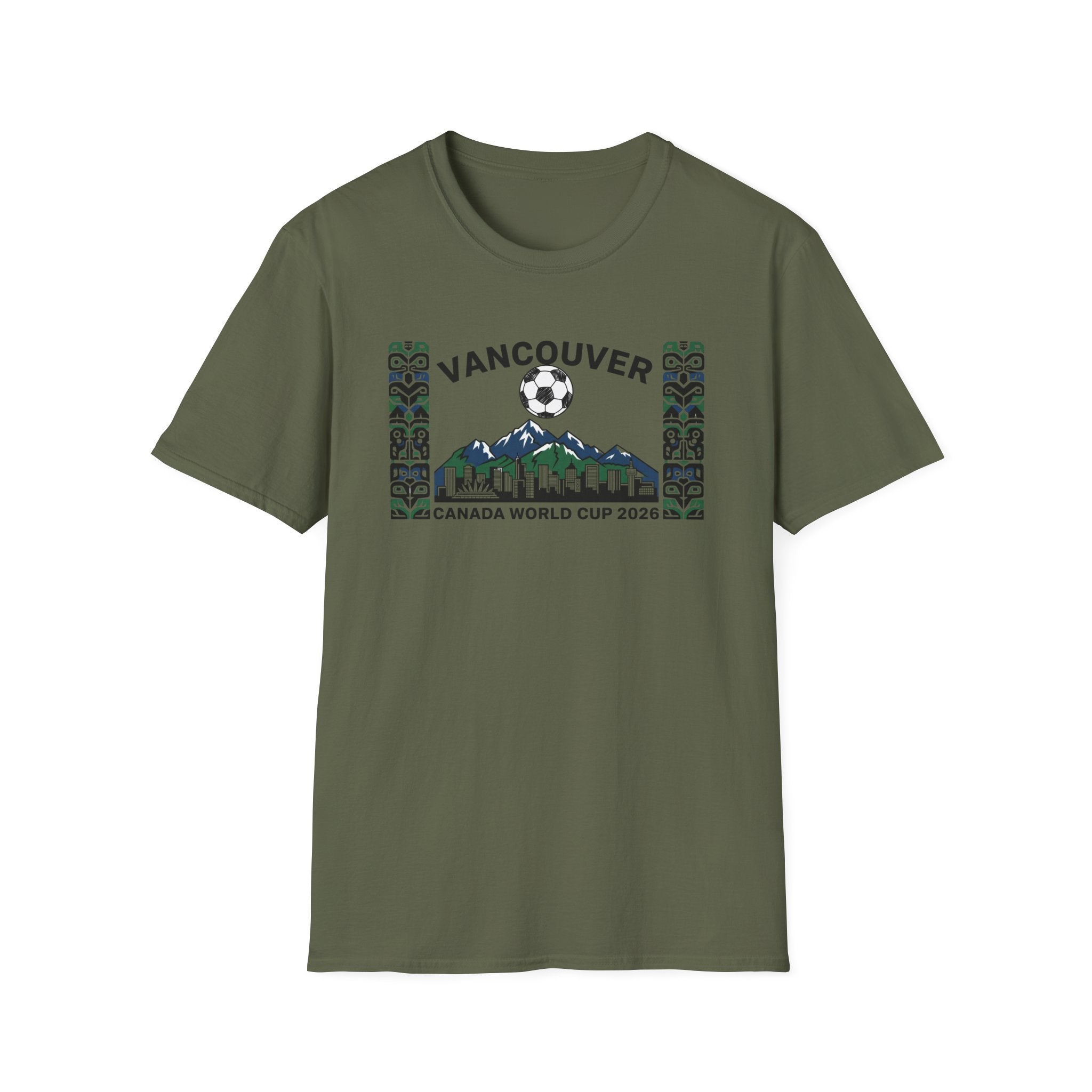 Vancouver Canada World Cup 2026 Soccer T-Shirt — City Skyline & Indigenous Pattern