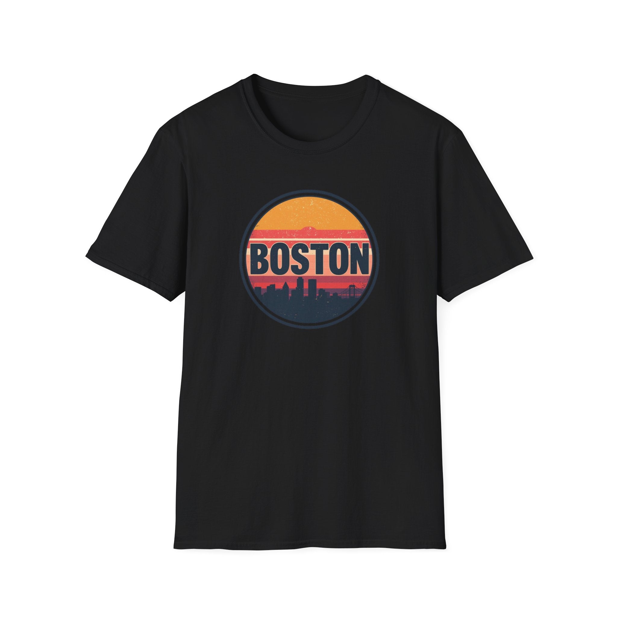 Boston Skyline Circle T‑Shirt — Retro Sunset City Graphic