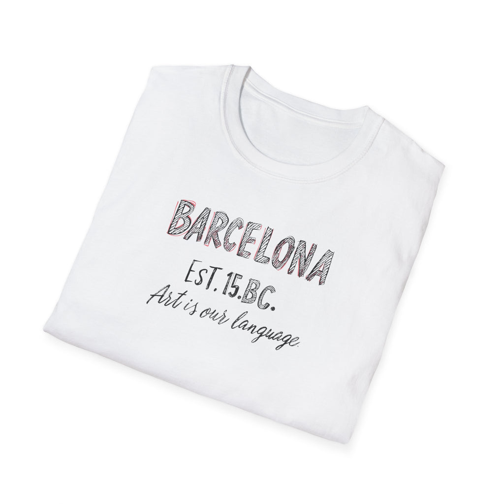 Barcelona Est. 15 B.C. T-Shirt – Vintage Travel Tee with "Art is our language" Script