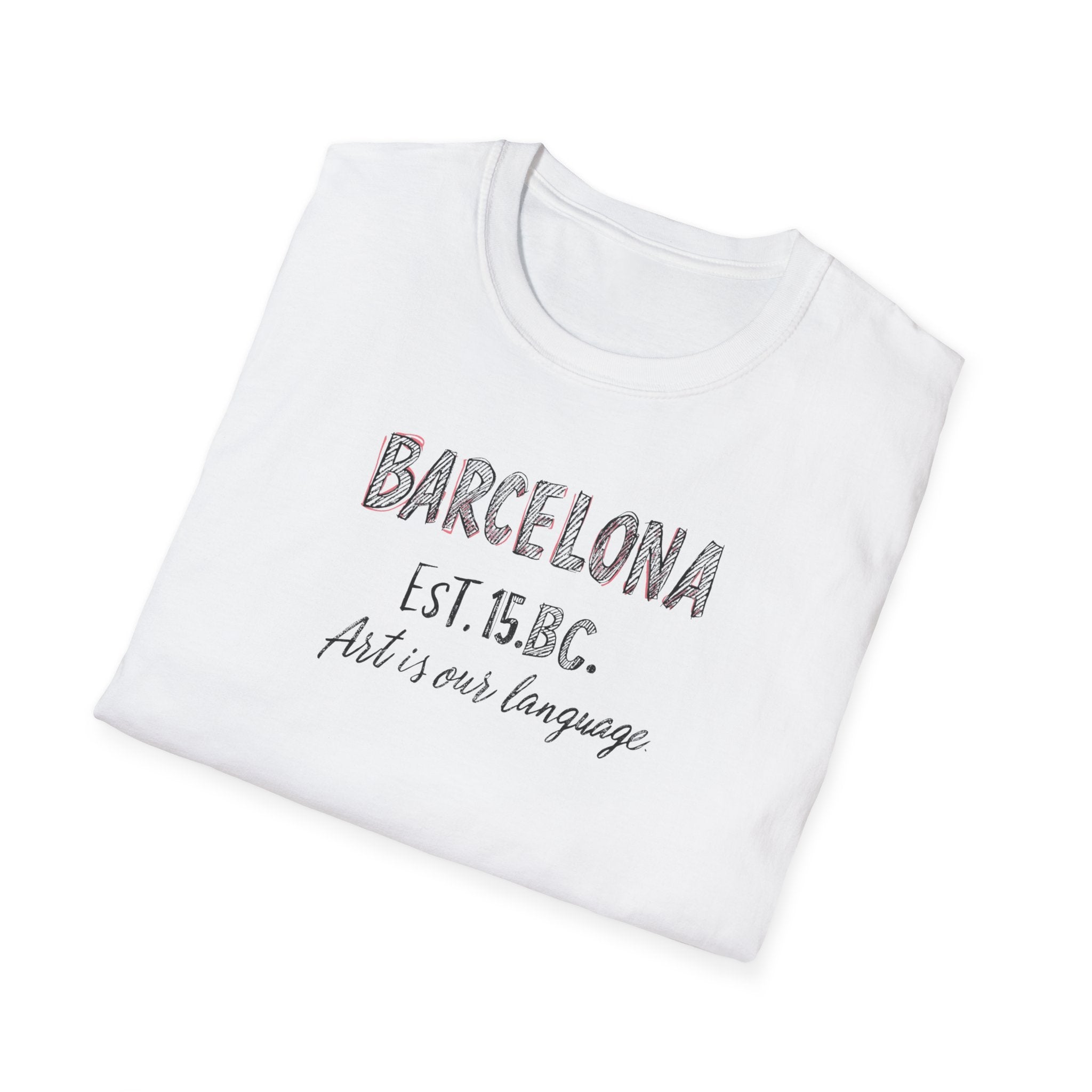 Barcelona Est. 15 B.C. T-Shirt – Vintage Travel Tee with "Art is our language" Script