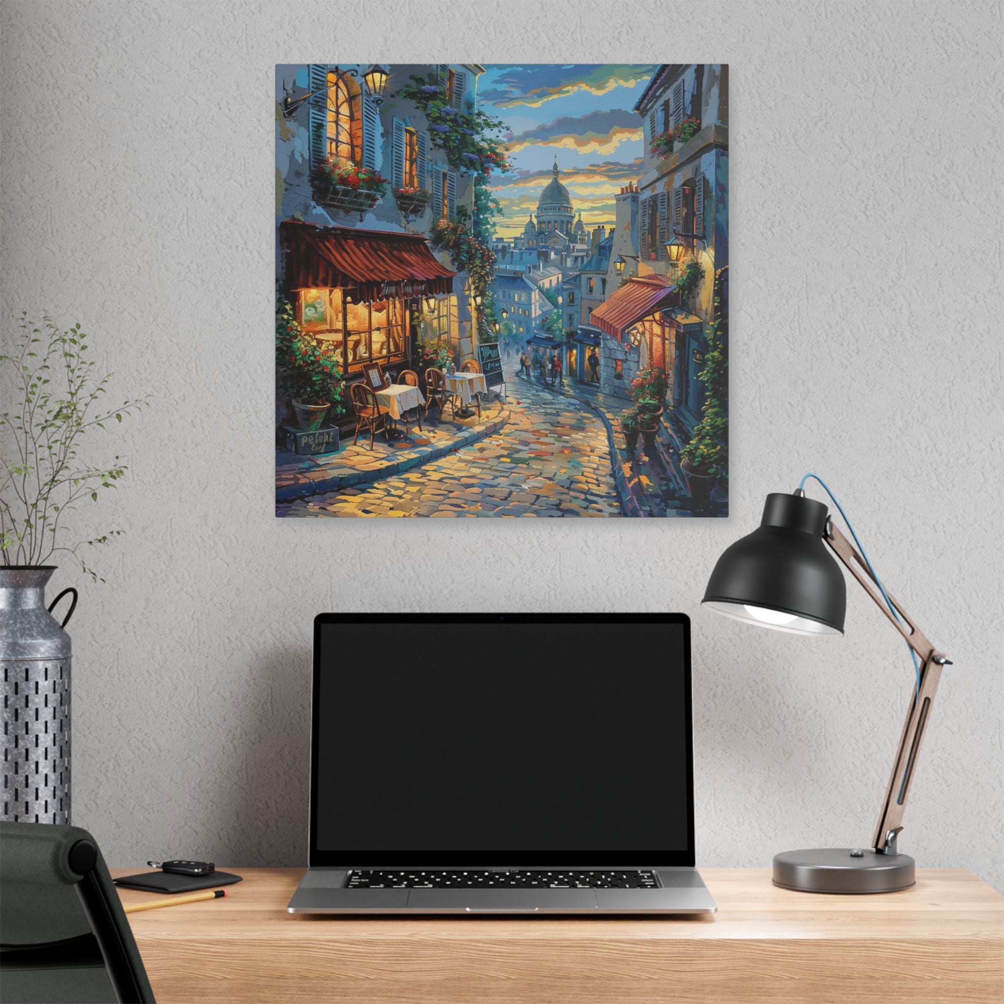 Paris Evening Street Canvas Wall Art — Cozy Café Cityscape Stretched Canvas