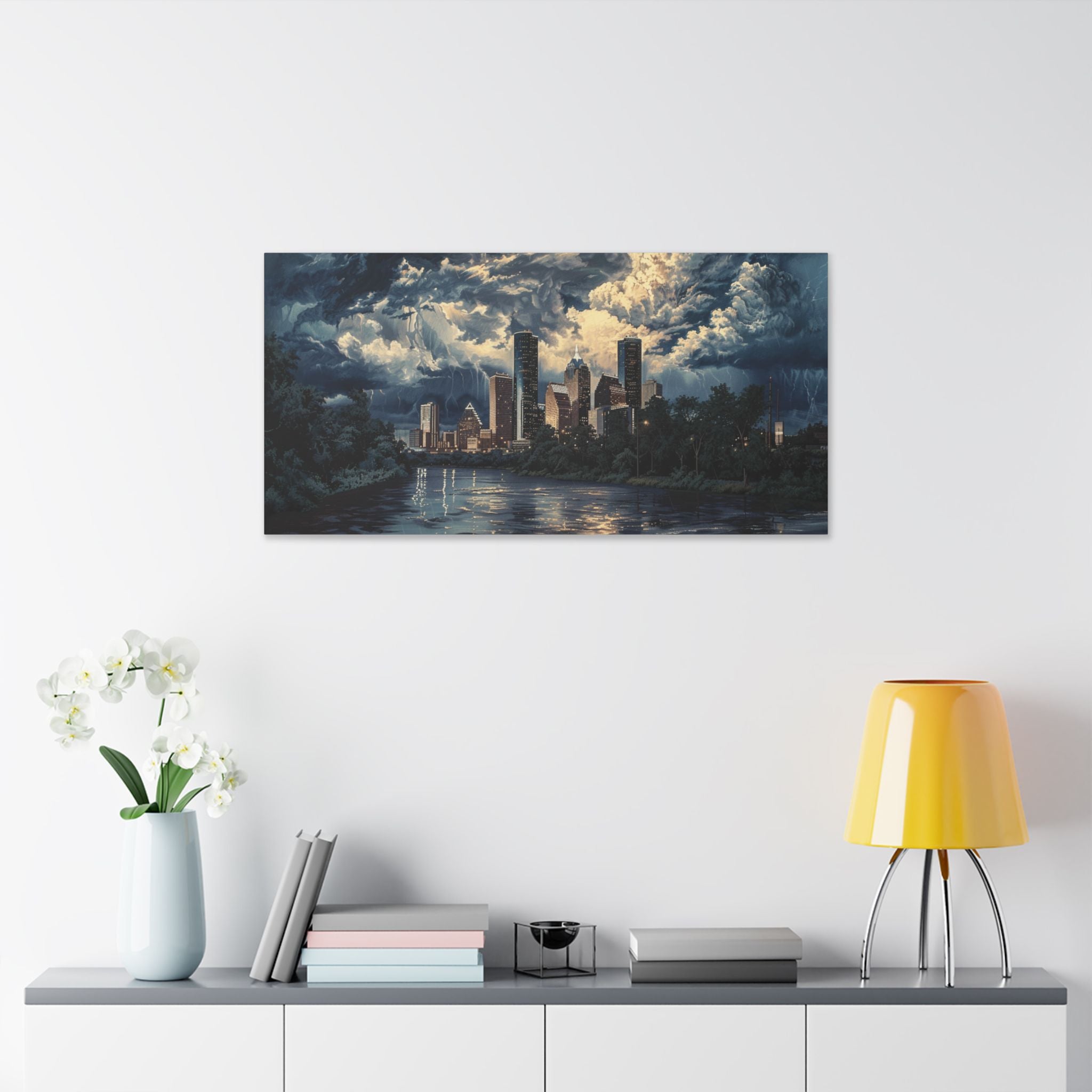Houston Downtown Skyline Canvas Print — Moody Nightscape Stretched Wall Art