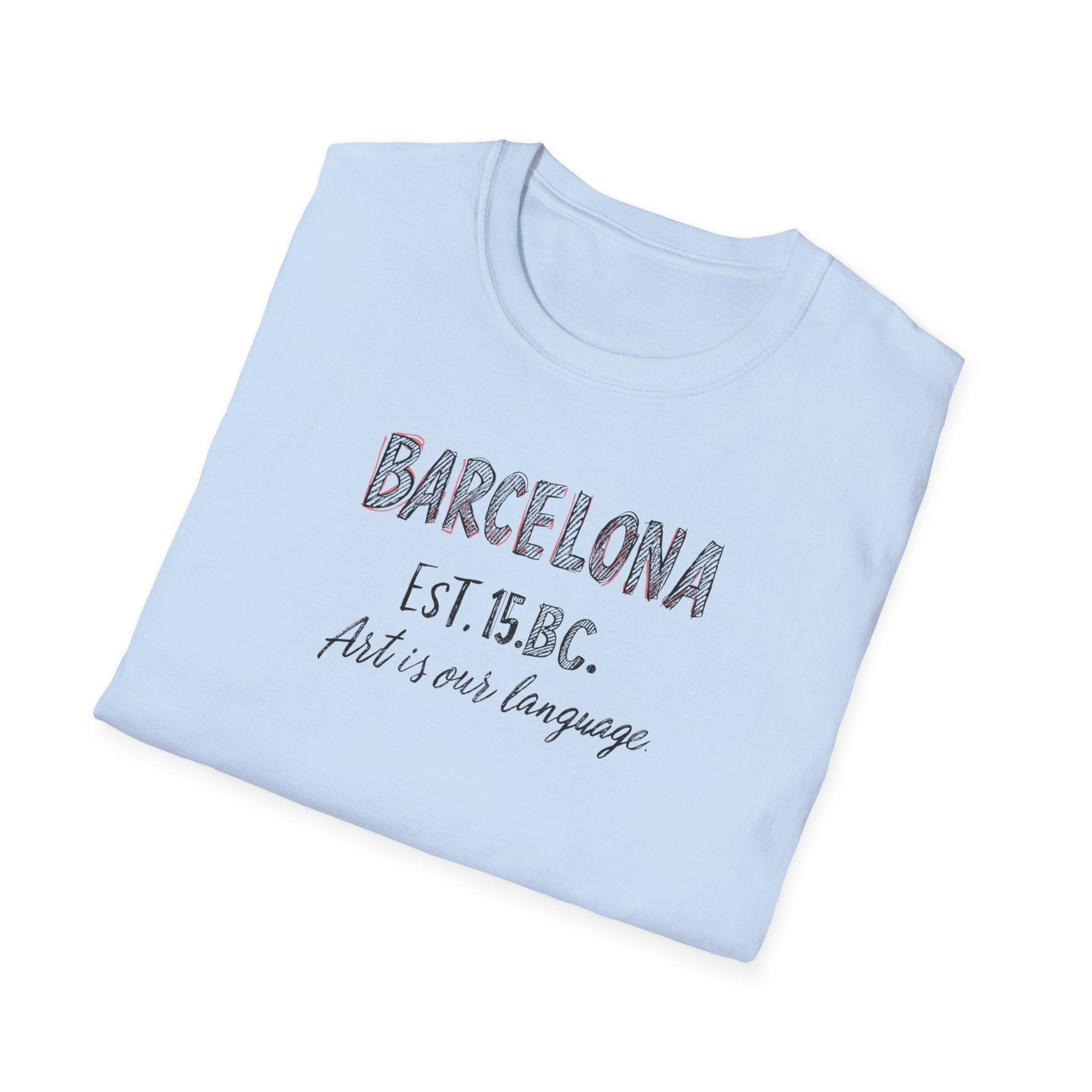 Barcelona Est. 15 B.C. T-Shirt – Vintage Travel Tee with "Art is our language" Script