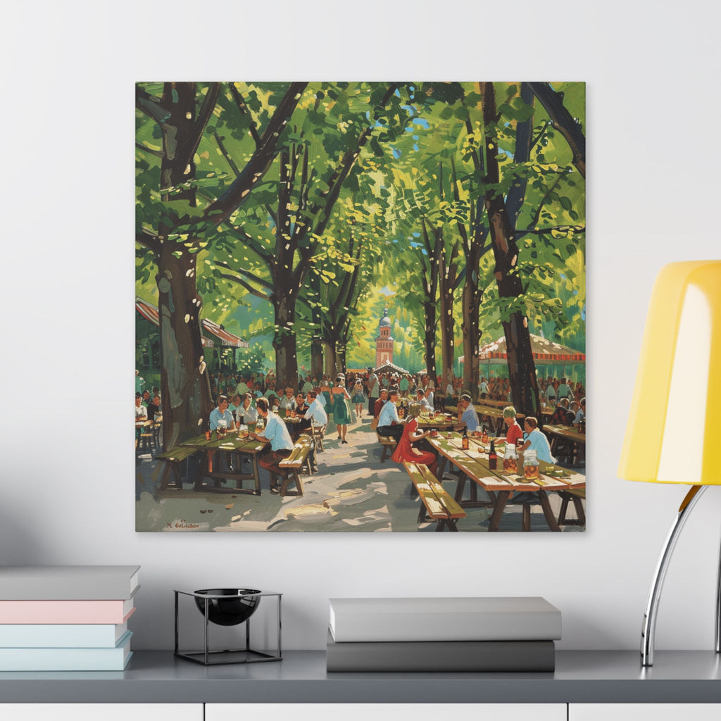 Biergarten Canvas Wall Art — Sunny Tree-Lined Outdoor Market Scene