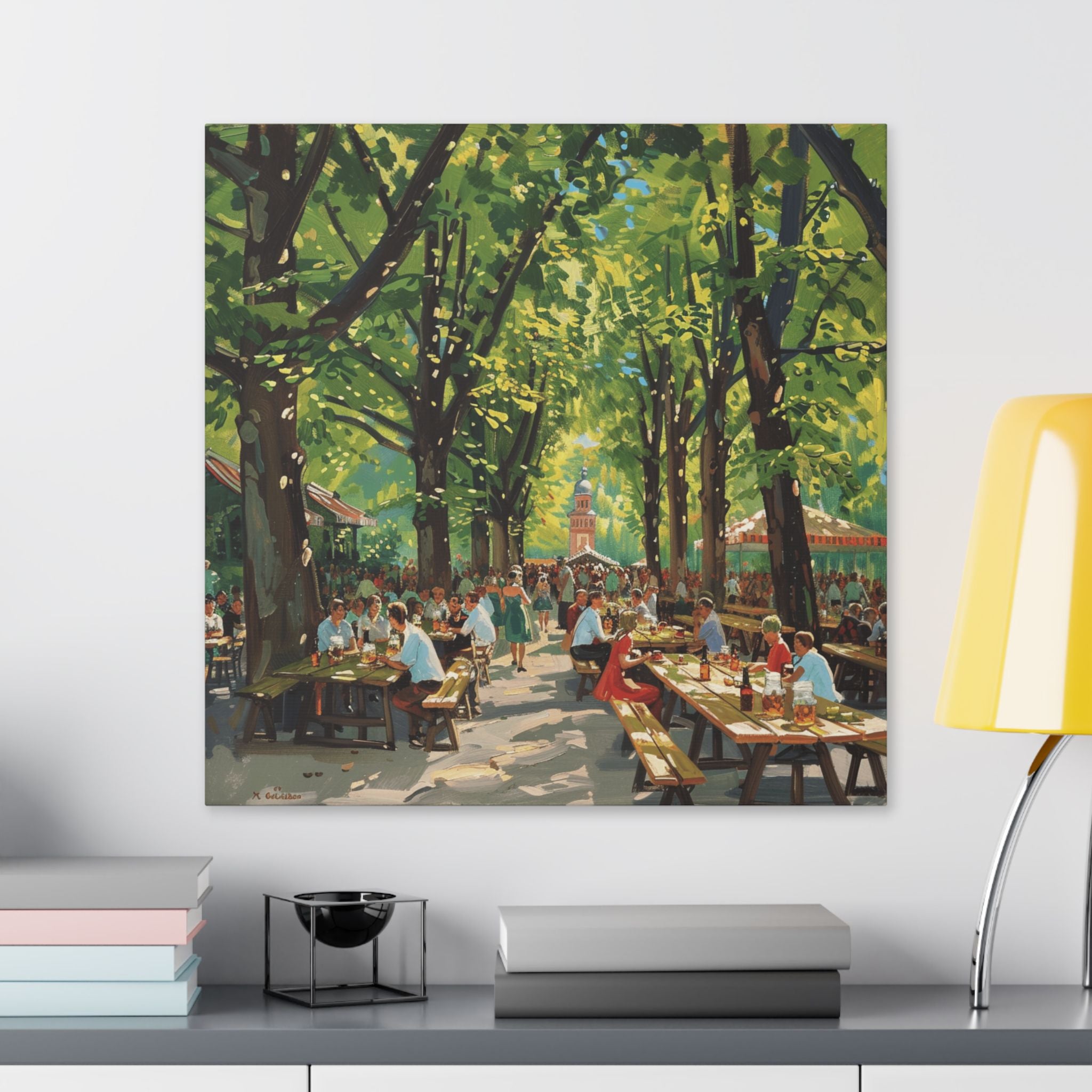 Biergarten Canvas Wall Art — Sunny Tree-Lined Outdoor Market Scene