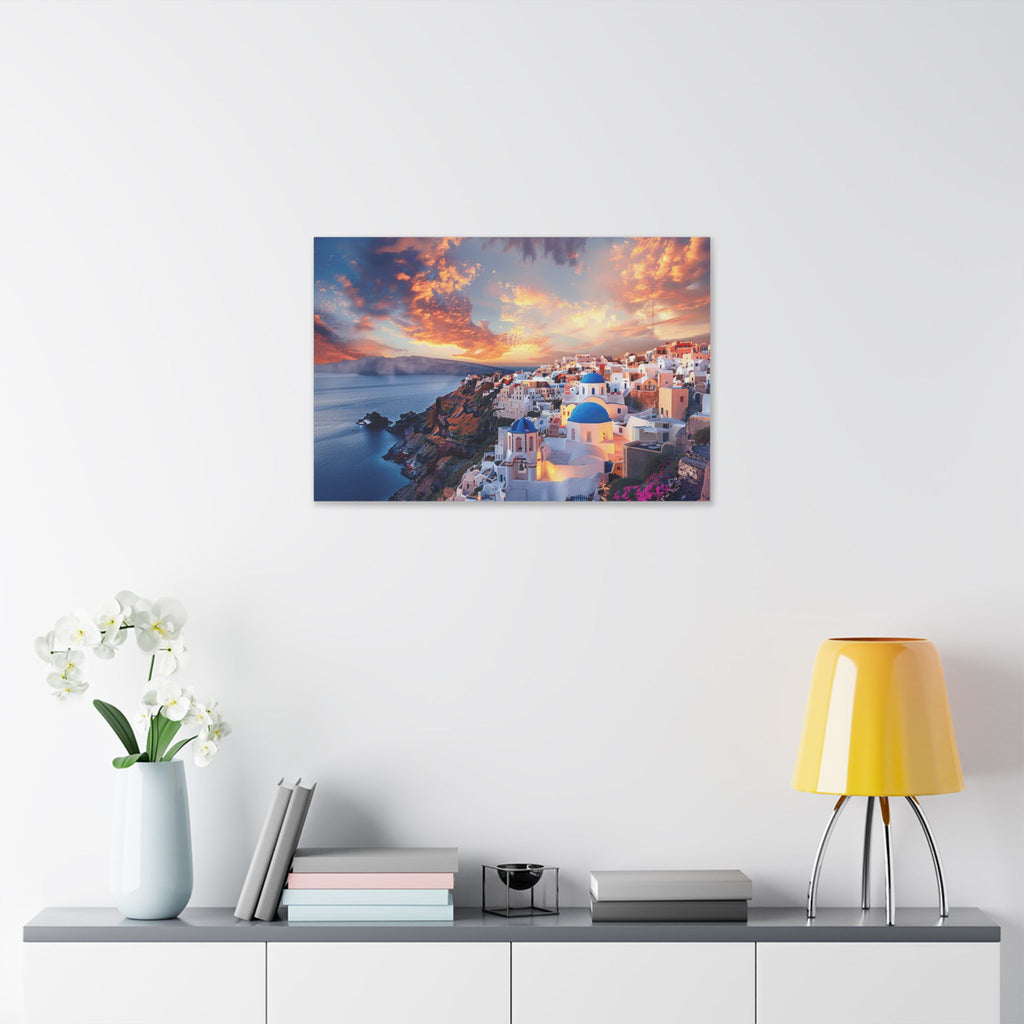Santorini Sunset Canvas Wall Art — Mediterranean Seaside Landscape Print