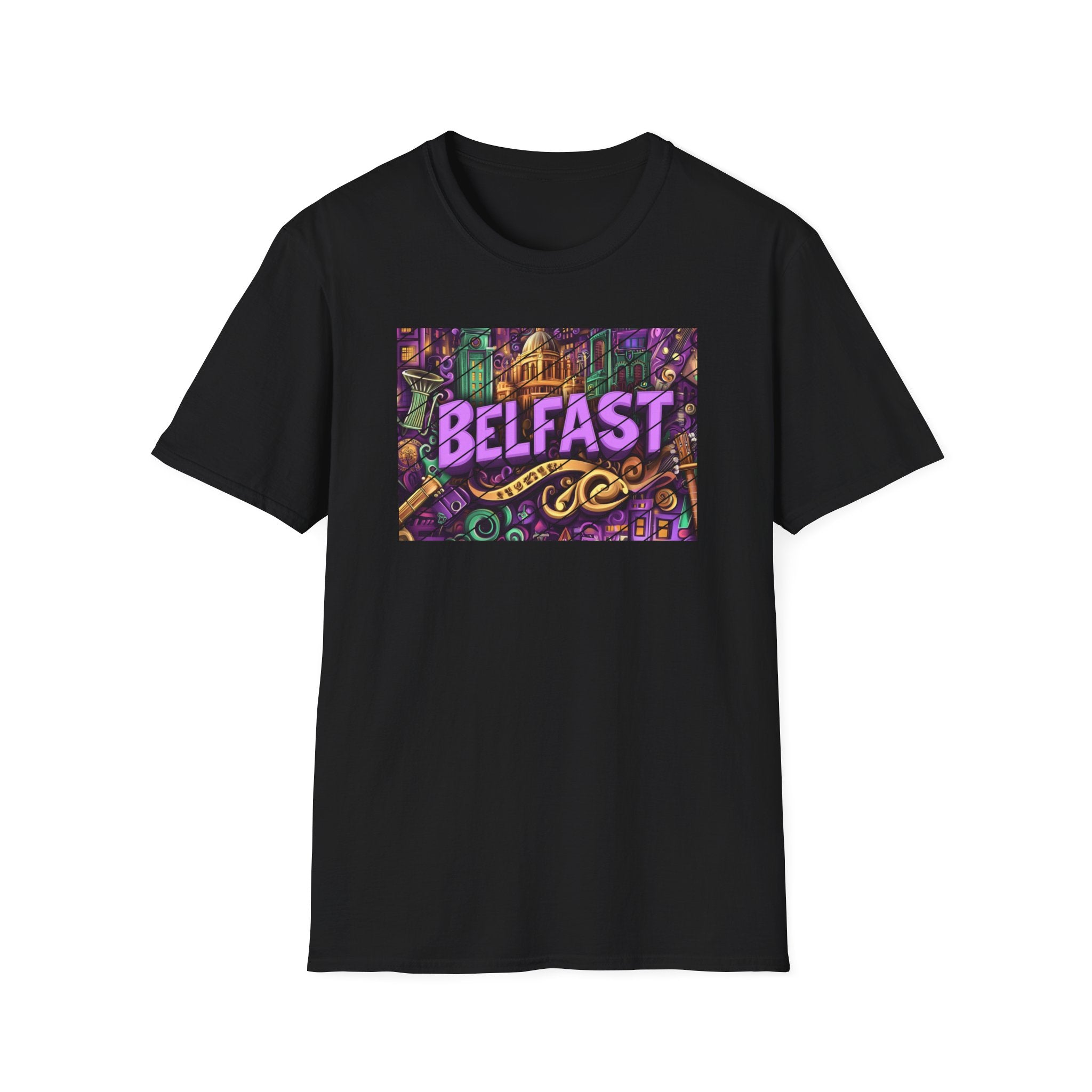 Belfast Neon Script T-Shirt | Retro Rainbow Stripes