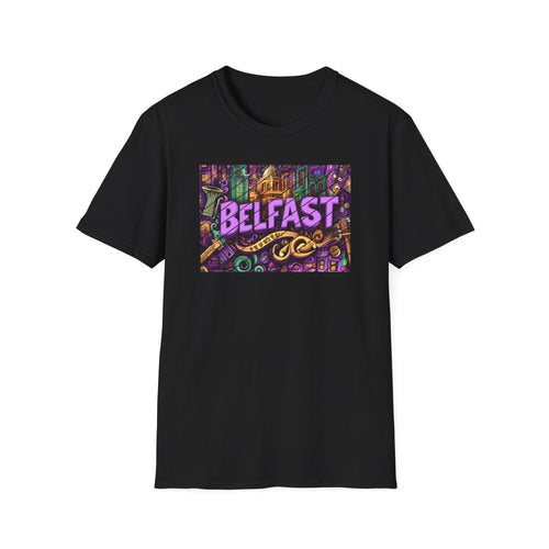 Belfast Neon Script T-Shirt | Retro Rainbow Stripes