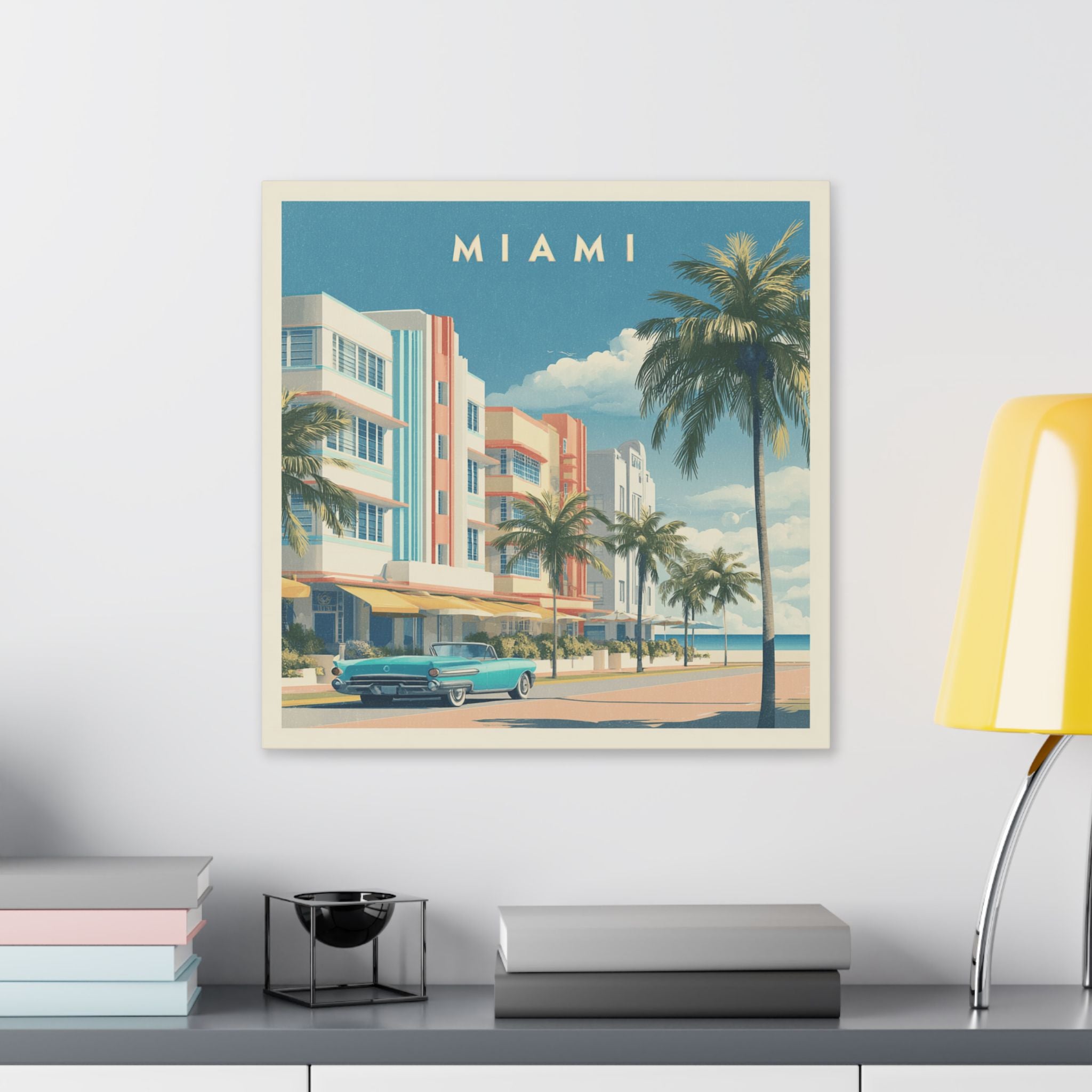 Miami Art Deco Canvas Print — Retro Palm Beach Scene