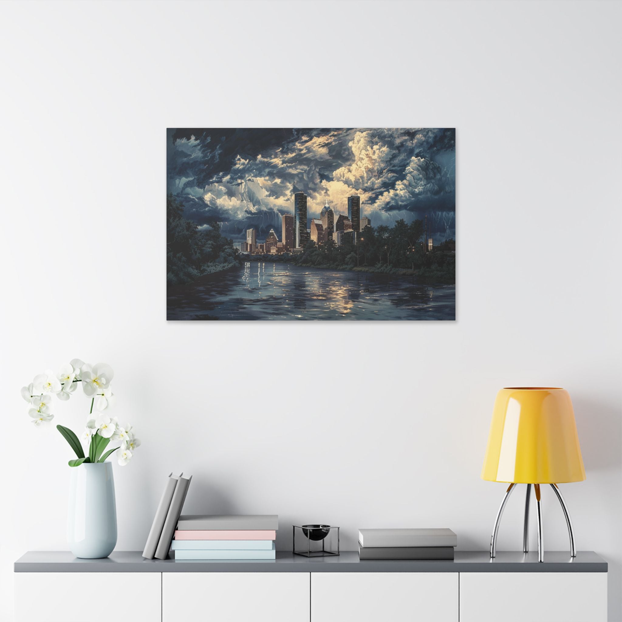 Houston Downtown Skyline Canvas Print — Moody Nightscape Stretched Wall Art