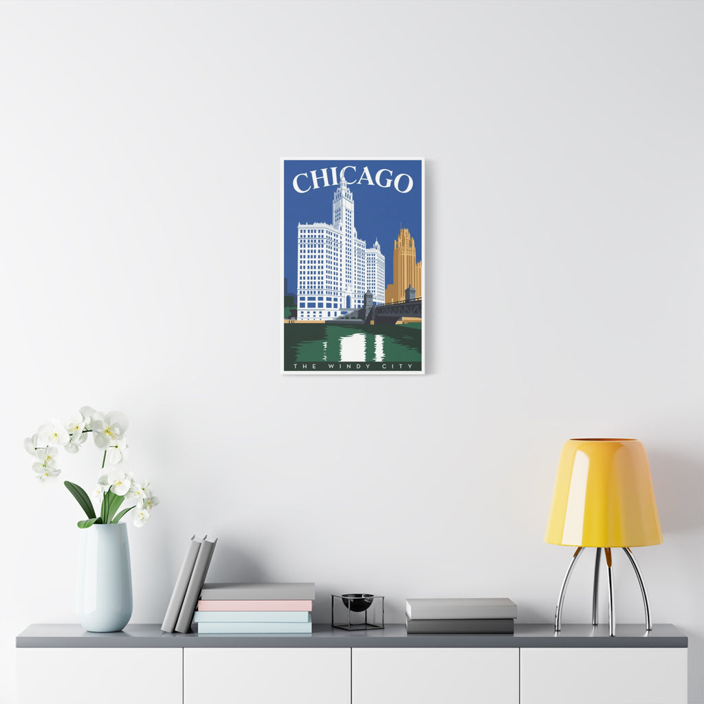 Chicago Skyline Stretched Canvas – The Windy City Retro Travel Art