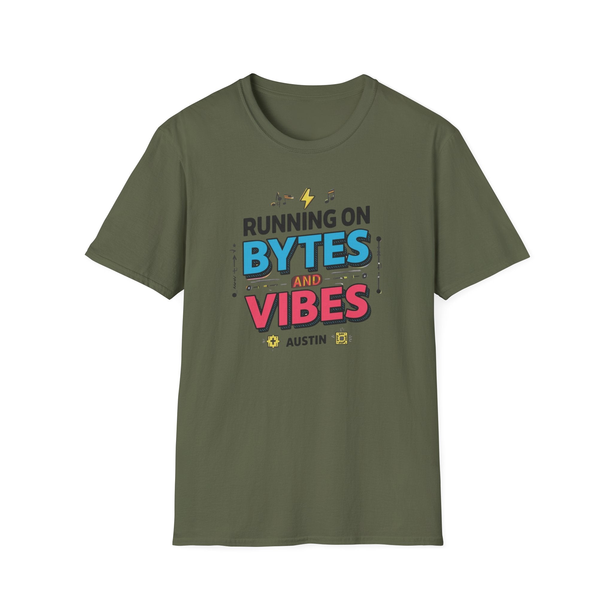 Running on Bytes and Vibes T-Shirt — Retro Tech Austin Graphic Tee