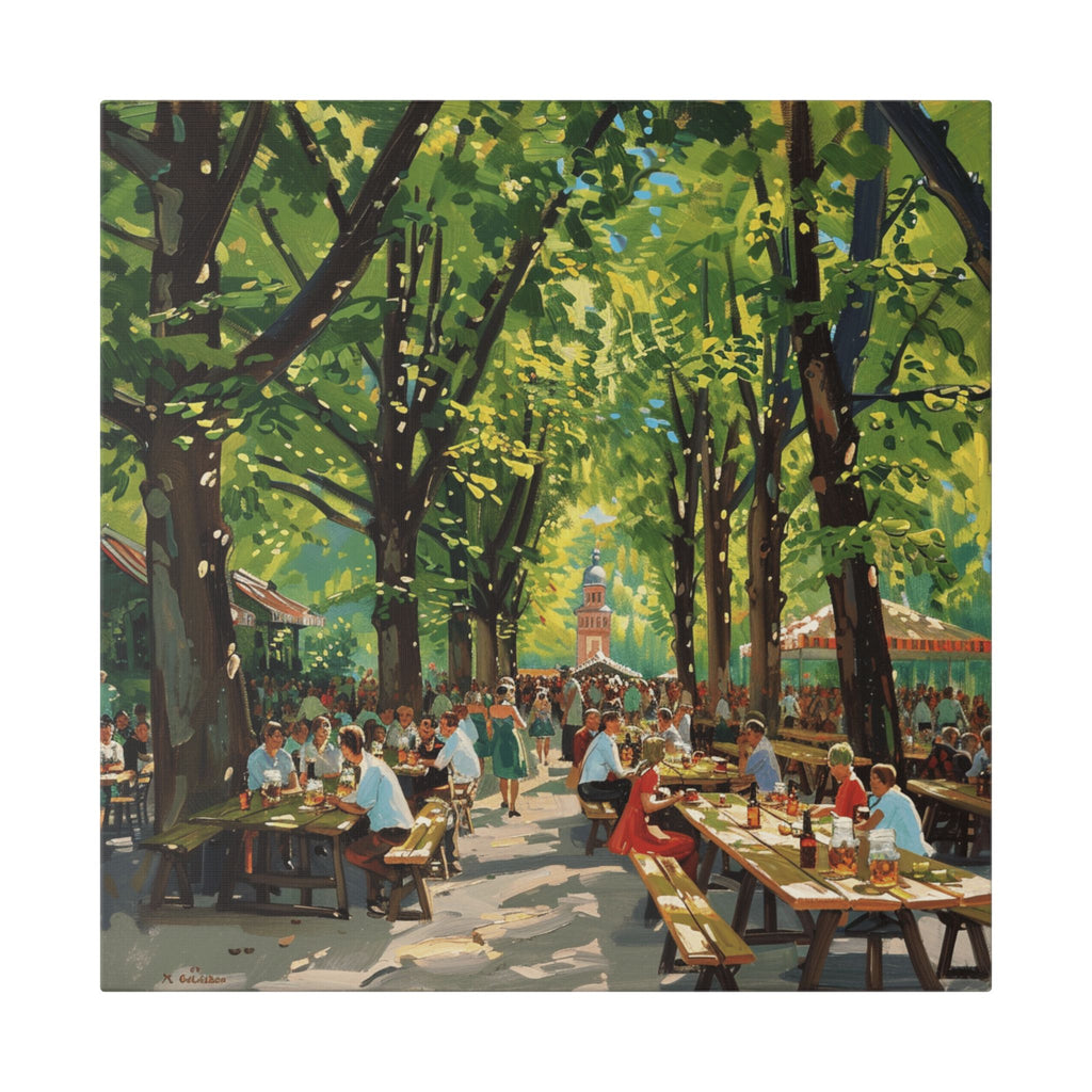 Biergarten Canvas Wall Art — Sunny Tree-Lined Outdoor Market Scene