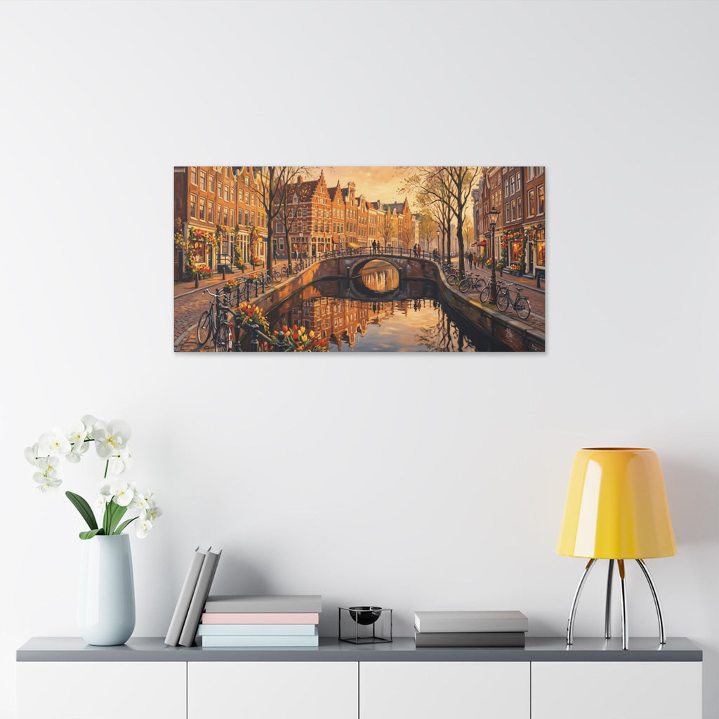 Amsterdam Canal Sunset Stretched Canvas Wall Art