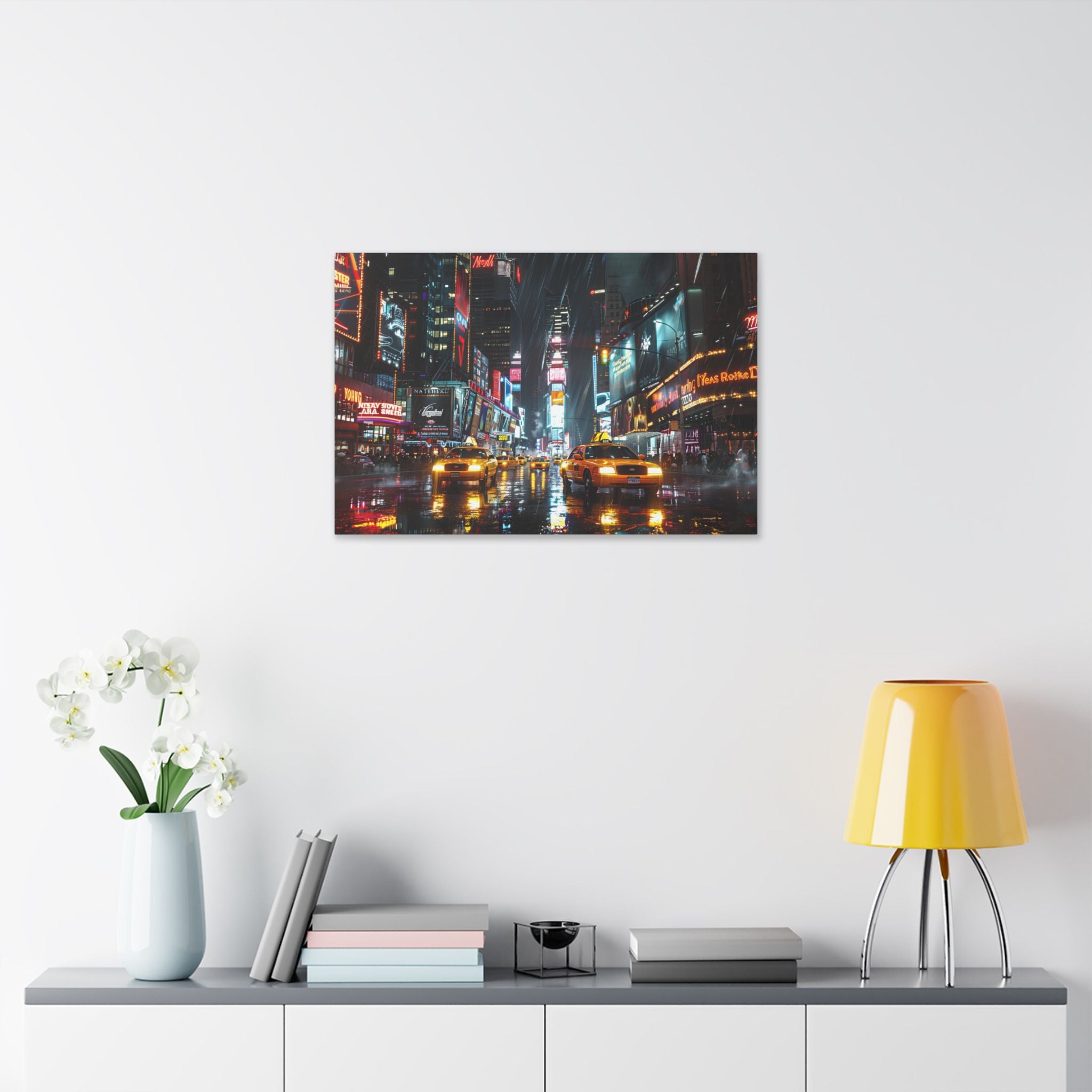 New York Night Street Canvas Print — Rainy Times Square Taxi Wall Art