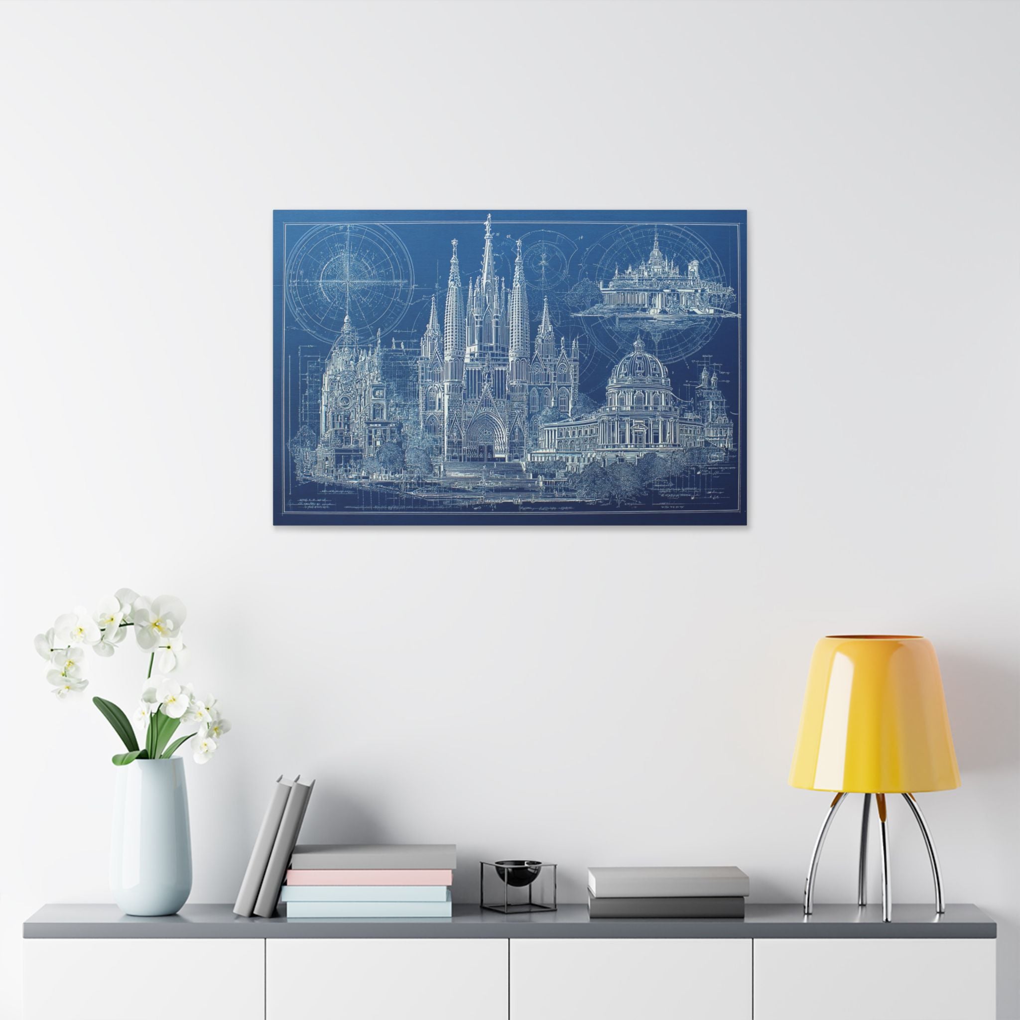 Blueprint Barcelona Canvas Print — Architectural Wall Art, Blueprint / Engraving HORIZONTAL landmarks, Sagrada Família, Park Güell, Casa Batlló