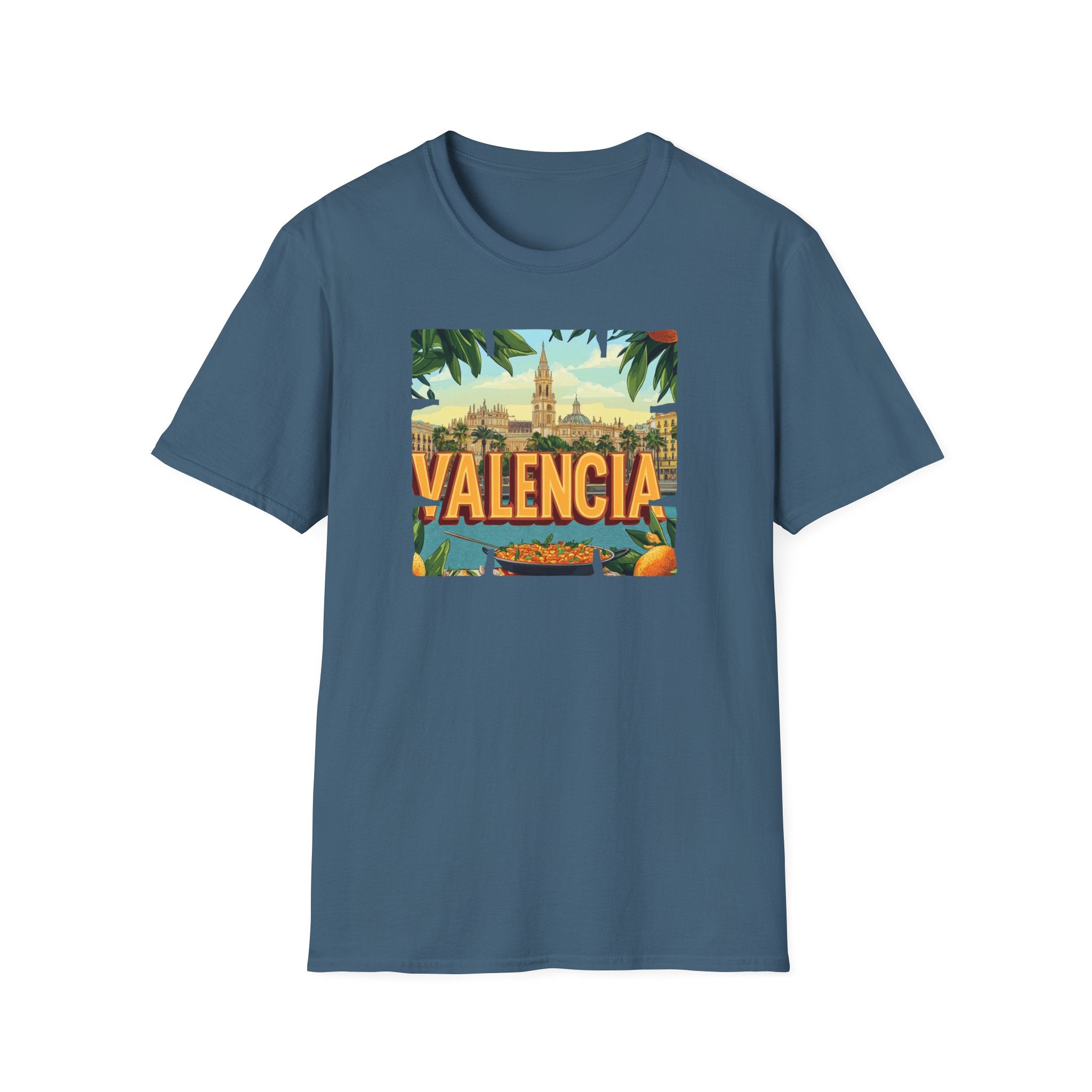 Valencia vintage travel postcard T-Shirt | Spain city skyline, oranges, palm leaves