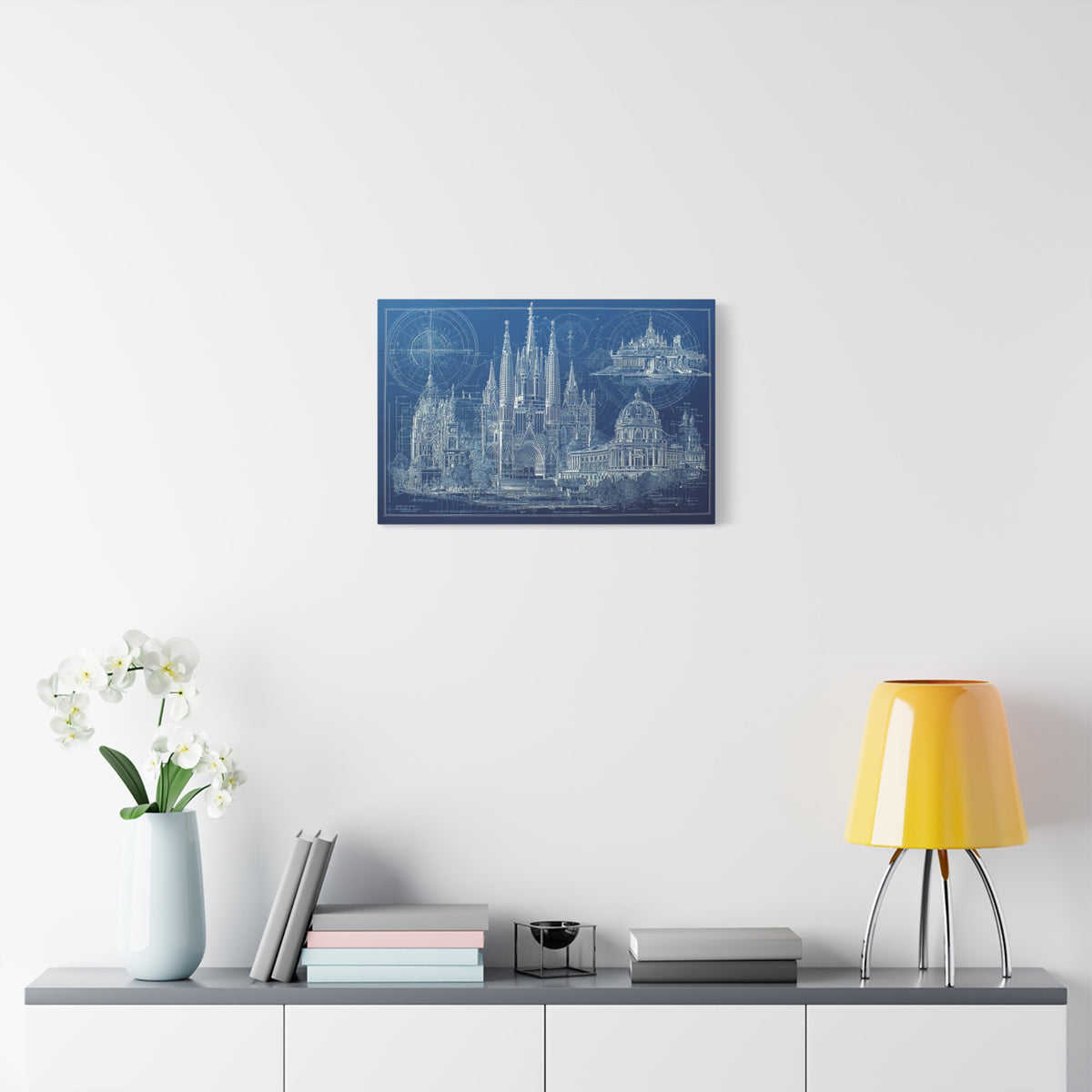 Blueprint Barcelona Canvas Print — Architectural Wall Art, Blueprint / Engraving HORIZONTAL landmarks, Sagrada Família, Park Güell, Casa Batlló