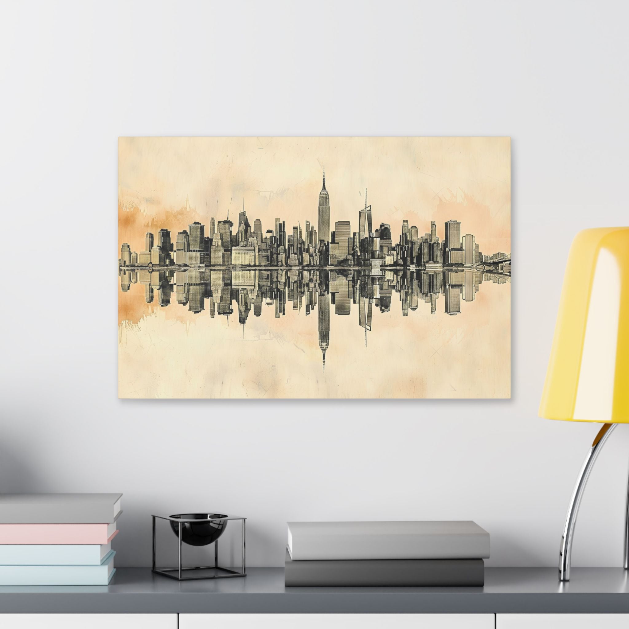 New York City Skyline Canvas Print — Sepia Watercolor Mirror Reflection Wall Art
