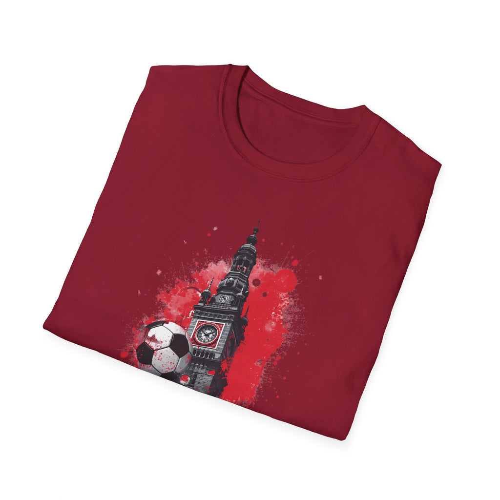 Munich Football Illustration T-Shirt | Soccer Ball, Clock Tower, Red Paint Splatter
