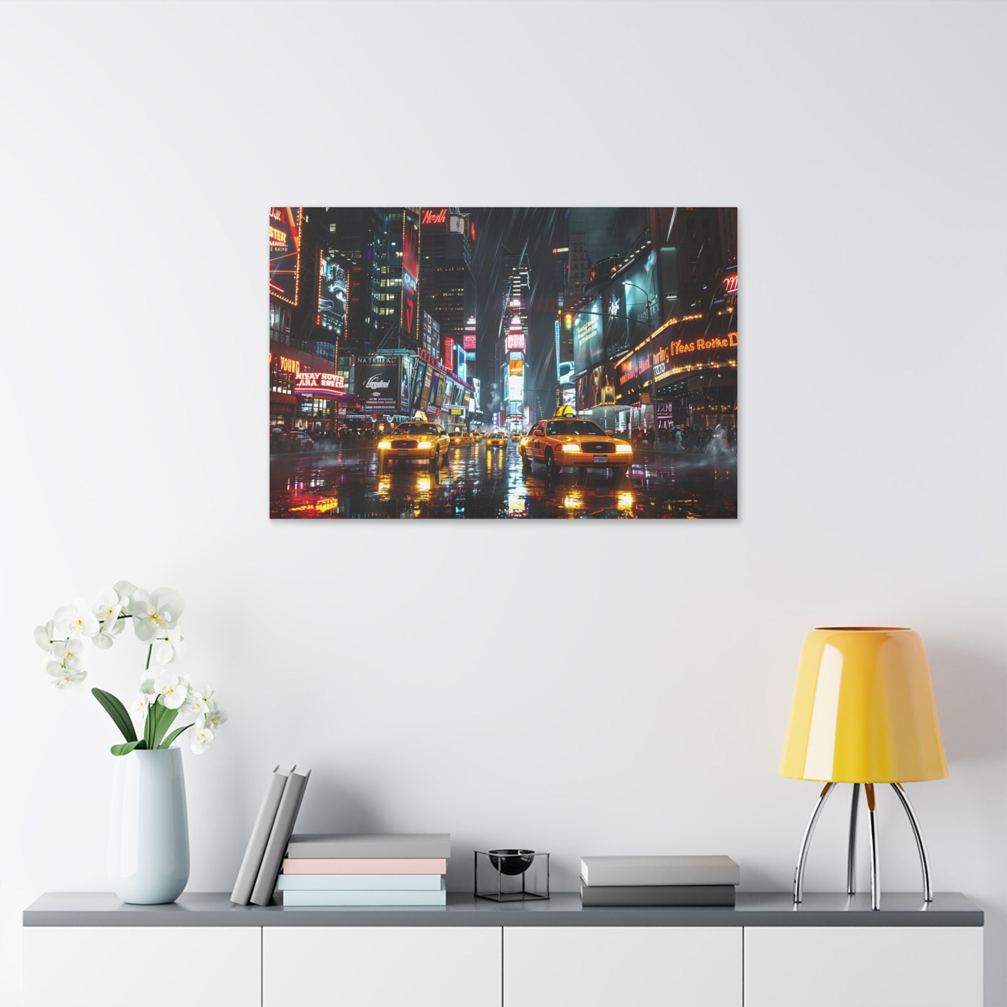 New York Night Street Canvas Print — Rainy Times Square Taxi Wall Art