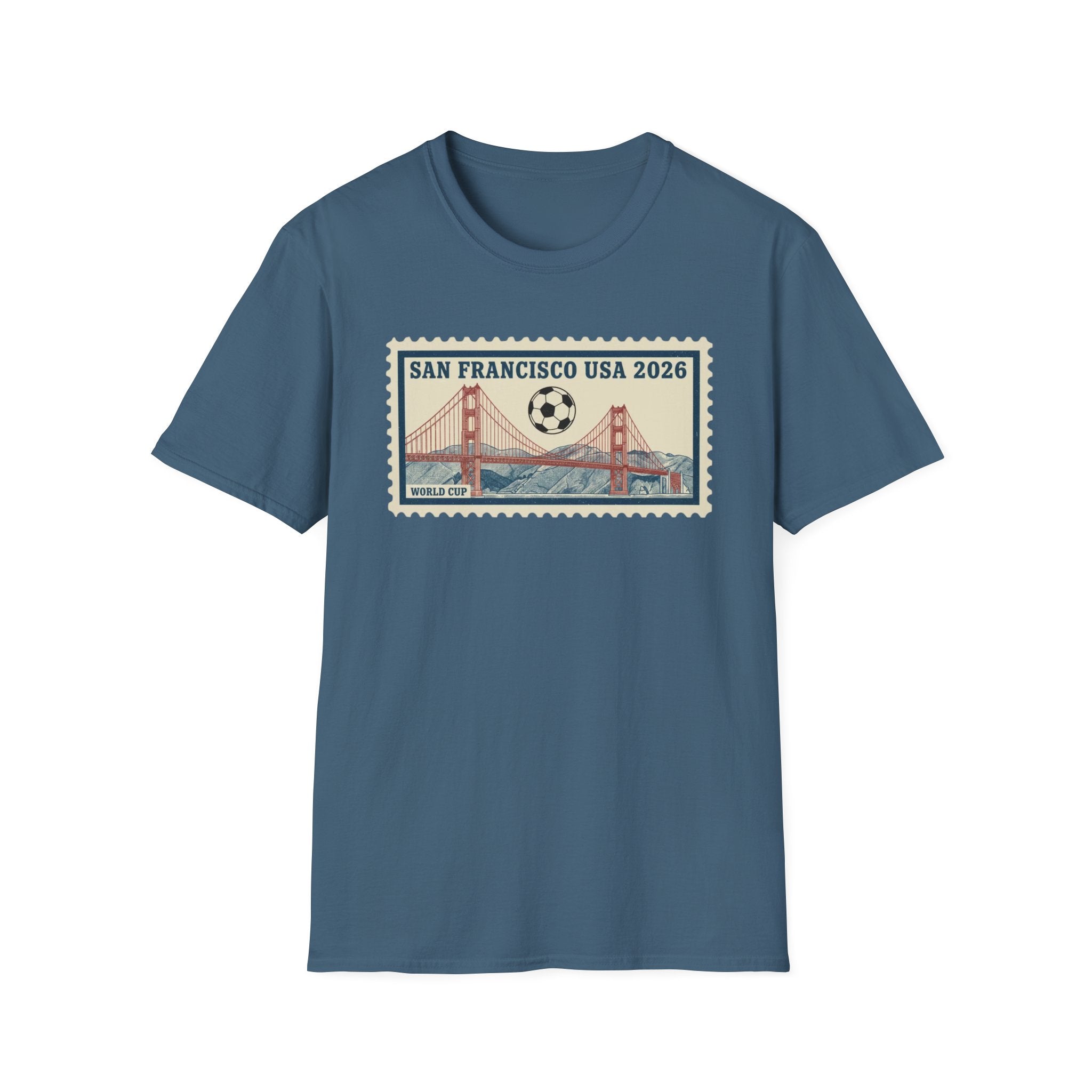 San Francisco 2026 Golden Gate Stamp T-Shirt — Vintage Soccer Postage Design