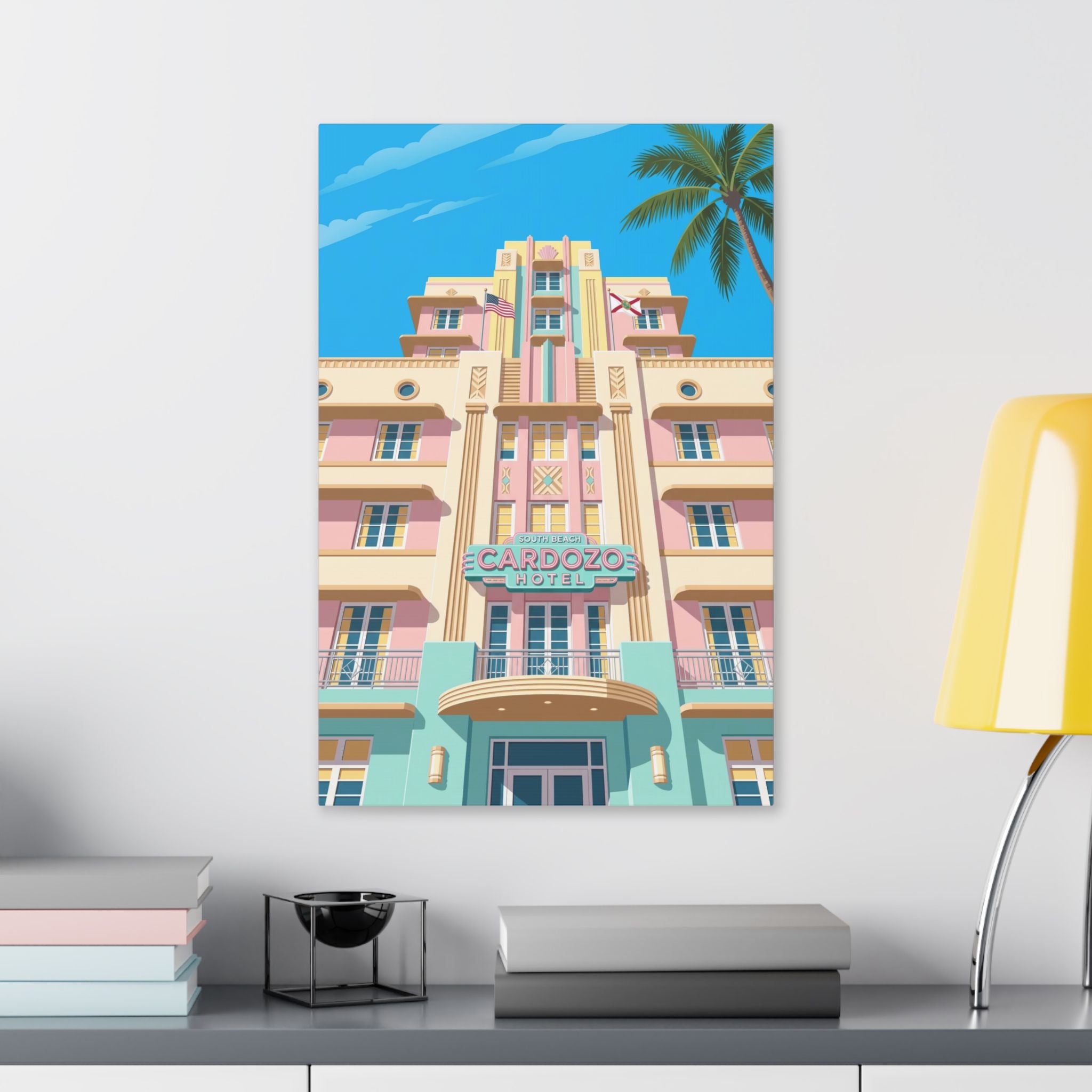Art Deco Beach Hotel Canvas — Miami Palm Retro Stretched Wall Art